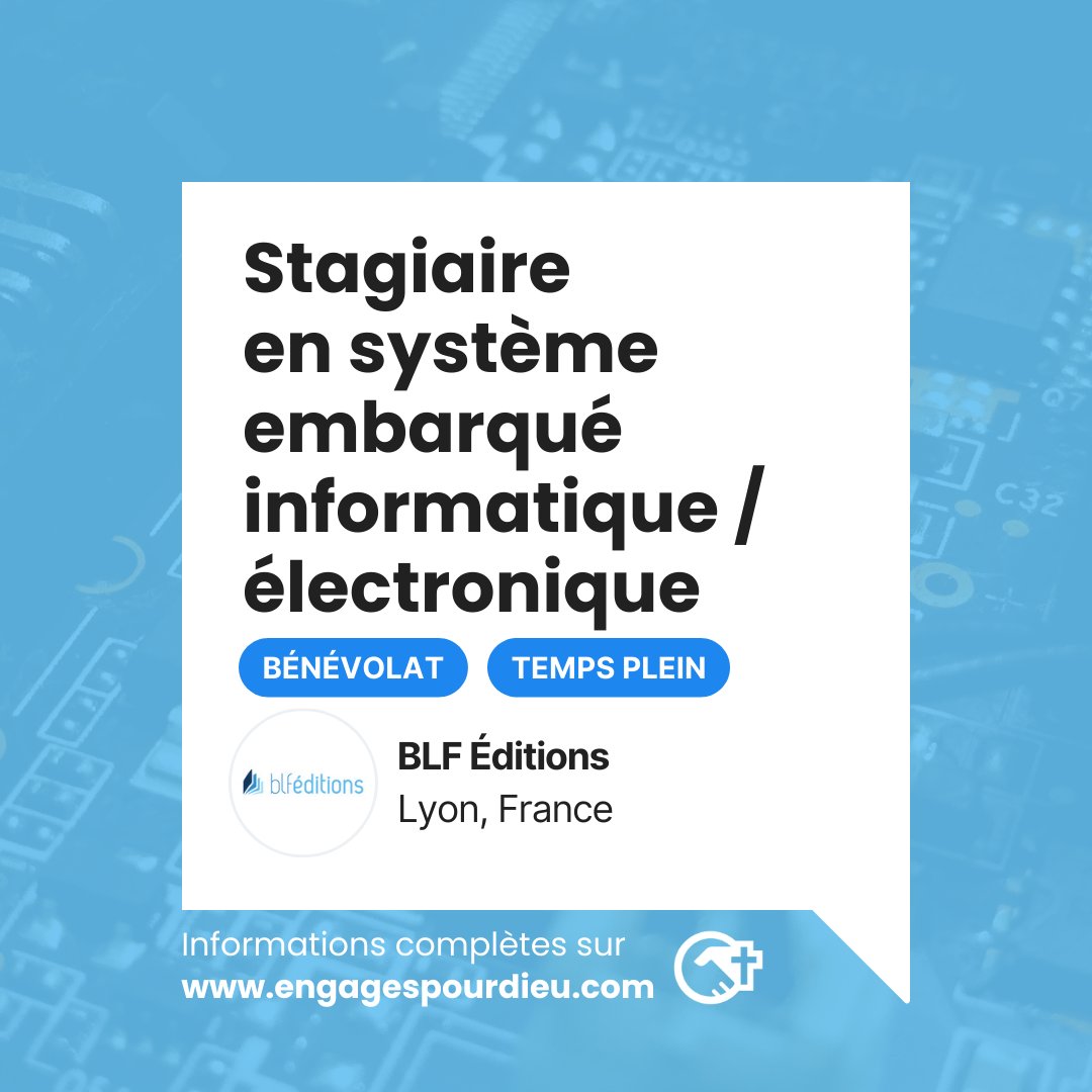 engagespoudieu's tweet image. 👉 Nouvelle mission : STAGIAIRE EN SYSTÈME EMBARQUÉ INFORMATIQUE / ÉLECTRONIQUE 🔥

• Organisme : @BLFEditions 
• Localisation : Lyon, France
• Description : engagespourdieu.com/mission/stagia…

Partagez cette mission auprès de vos contacts ! 😃

#stage #chretien #chretienne #dieu