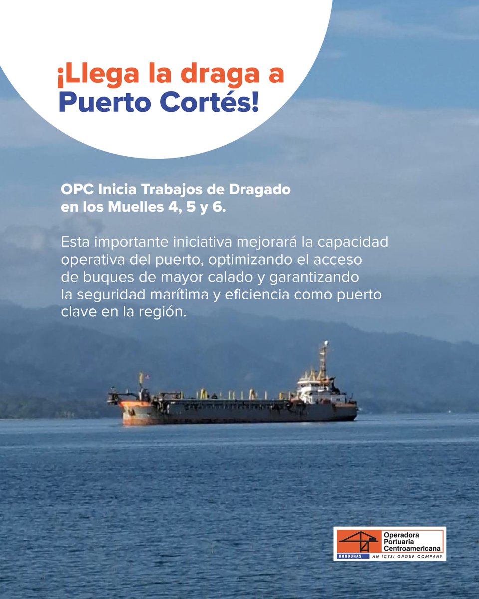 ¡Llega la draga a Puerto Cortés! OPC inicia trabajos de dragado en los muelles. Esta iniciativa mejorará la capacidad operativa del puerto, optimizando el acceso para buques de mayor calado y garantizando tanto la seguridad marítima como la eficiencia.