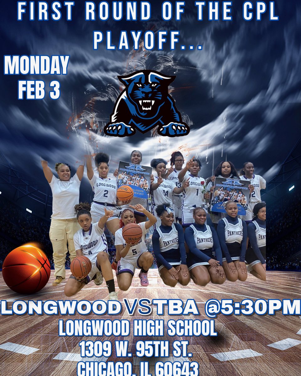 GAME DAY‼️🏀🏀🏀

Longwood 🆚 TBA 

🗓️Monday : February 2, 2025

⏰ 5:30PM (Varsity) 

📍Longwood High School 

📬 CPL First Round Playoffs 

💲Admission $5 students &amp; $7 adults 

Come out to support our TOP SEED Lady Panthers on their quest to the CPL City Championship….