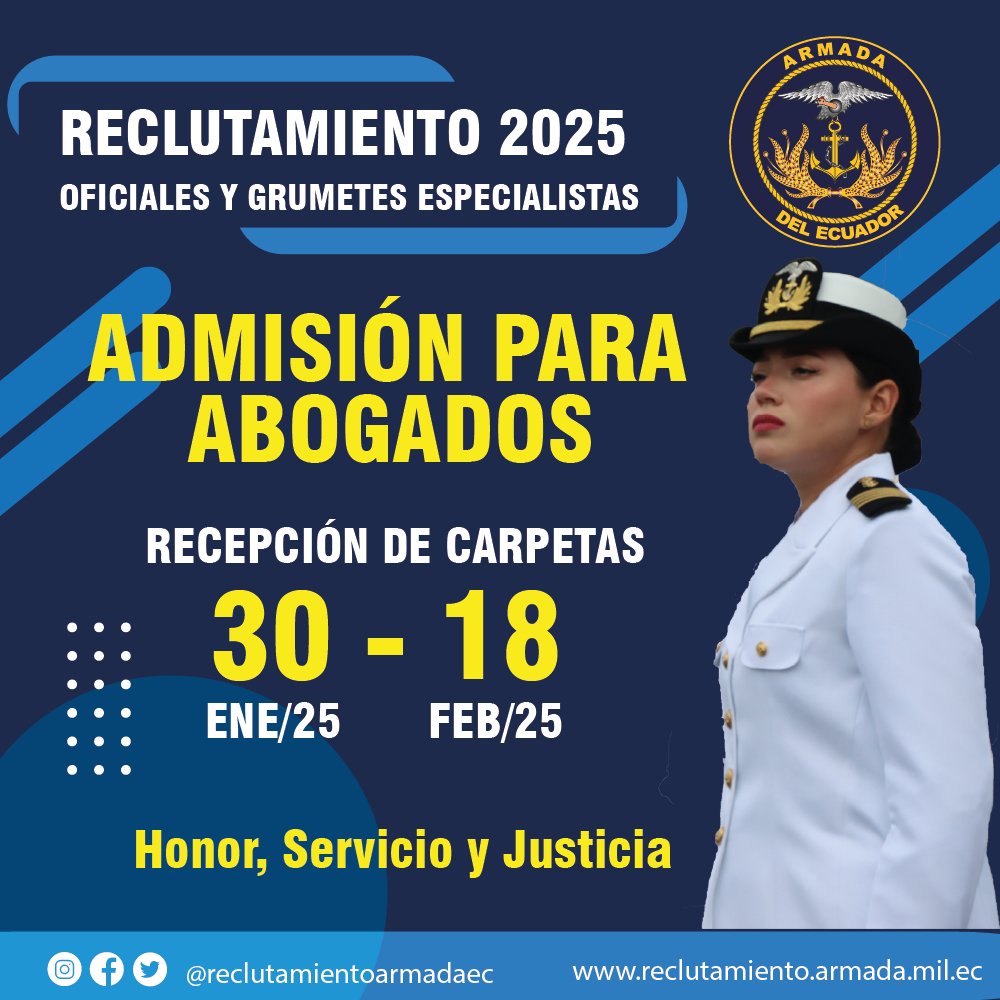 REC_ARE's tweet photo. ¡ÚNETE A LA ARMADA DEL ECUADOR COMO OFICIAL ABOGADO! ⚓
La Armada del Ecuador abre su convocatoria de reclutamiento para aspirantes a Guardiamarina Especialista en Derecho. 
Consulta bases y requisitos en: https://t.co/13W6ZtfCL9 https://t.co/PJk0x0ZUbU