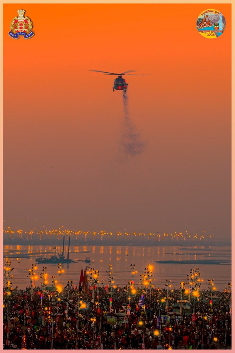 kumbhMelaPolUP's tweet photo. As Vasant Panchami paints the sky with wisdom and devotion, the chopper showers petals, blessing the grand confluence of faith at Mahakumbh! May knowledge and spirituality blossom like spring.

#BasantPanchami #Mahakumbh2025  #SurakshitKumbh https://t.co/3mp8JRb2vs