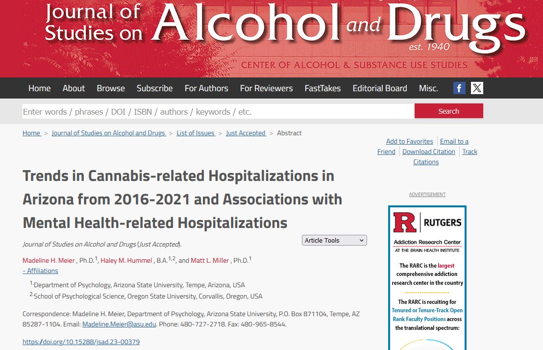 Journal of Studies on Alcohol and Drugs (@jsadjournal) on Twitter photo Trends in Cannabis-Related Hospitalizations in Arizona from 2016-2021 and Associations with Mental Health-Related Hospitalizations (new in @JSADjournal)
<a href="/hmhummel/">Haley Hummel</a> <a href="/ASUPsych/">Psychology at ASU</a> <a href="/PsychScienceOSU/">OSU Psych Science</a> <a href="/AZDHS/">AZ Department of Health</a> <a href="/NIDAnews/">NIDAnews</a>
jsad.com/doi/abs/10.152… Trends in Cannabis-Related Hospitalizations in Arizona from 2016-2021 and Associations with Mental Health-Related Hospitalizations (new in @JSADjournal)
<a href="/hmhummel/">Haley Hummel</a> <a href="/ASUPsych/">Psychology at ASU</a> <a href="/PsychScienceOSU/">OSU Psych Science</a> <a href="/AZDHS/">AZ Department of Health</a> <a href="/NIDAnews/">NIDAnews</a>
jsad.com/doi/abs/10.152…