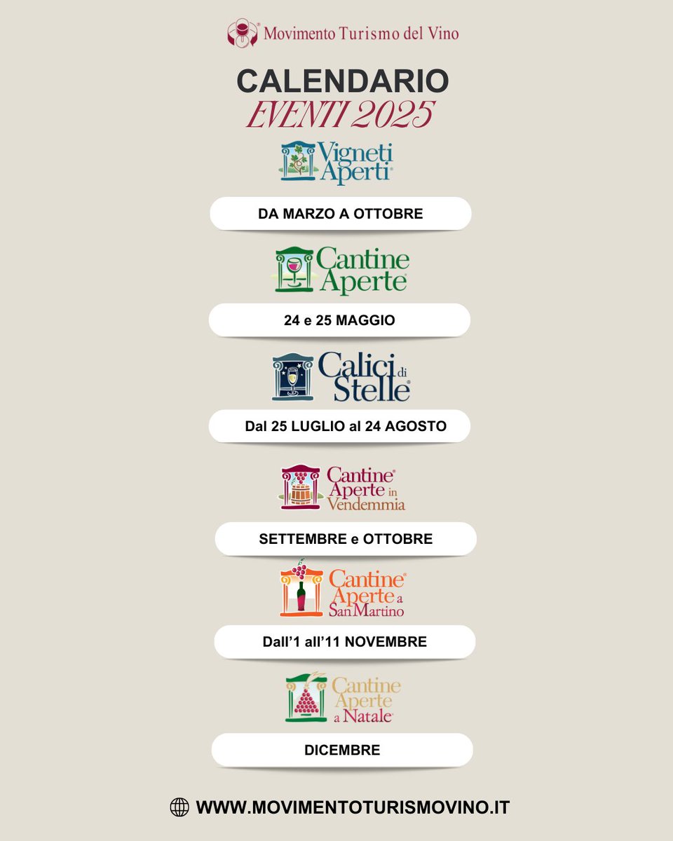 🇮🇹 Ecco finalmente svelati gli eventi istituzionali del 2025 del Movimento Turismo del Vino!

🇬🇧 The institutional events of the Movimento Turismo del Vino for 2025 have finally been revealed!

#MovimentoTurismoVino #MovimentoTurismodelVino #MTVItalia #Enoturismo