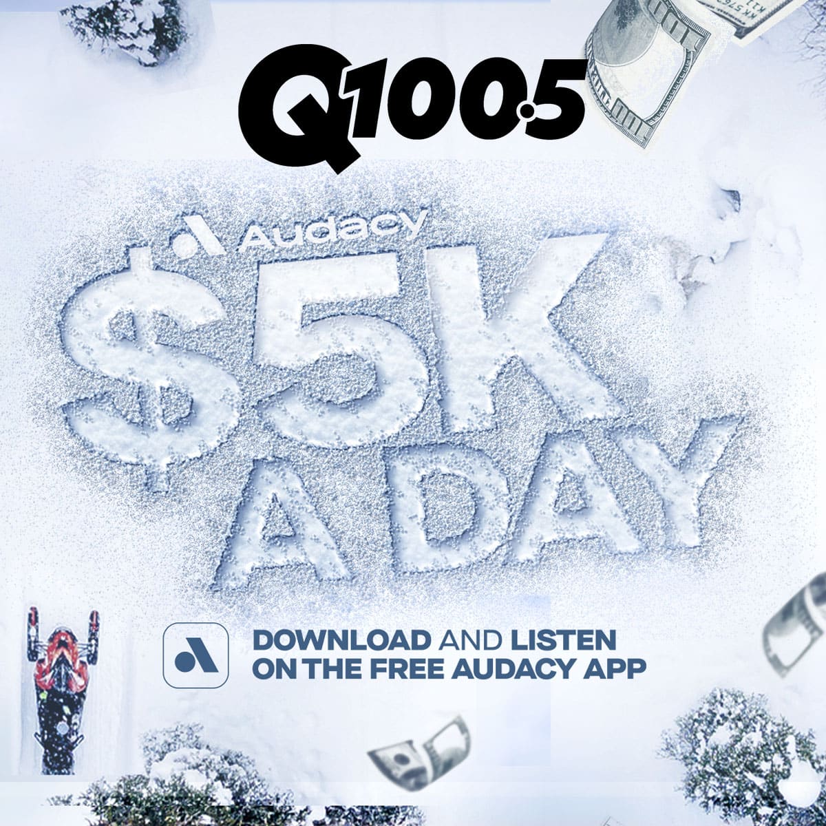 LAST WEEK! Listen to Q100.5 on the FREE Audacy App and you could win $5,000 in this national contest weekdays, now through 2/7! Listen to our station for one hour to get your entry. Download &amp; Listen: bit.ly/4heq2uk Contest rules: bit.ly/40wEoRt