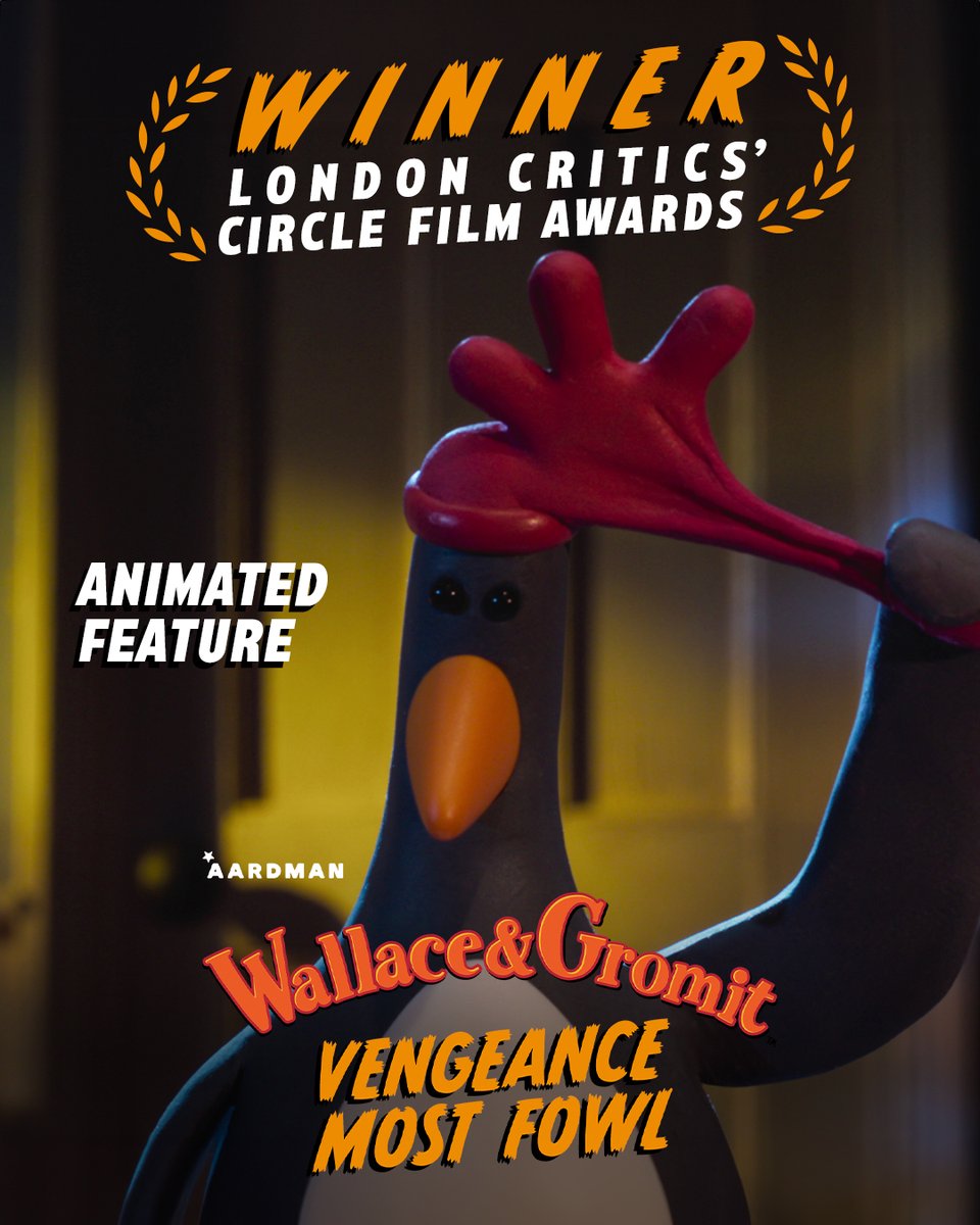 aardman's tweet photo. Wallace &amp; Gromit: Vengeance Most Fowl took home Animated Feature of the Year at last night's @LondonCritics Circle Film Awards! 🏆 #LondonCritics https://t.co/aIn4Y4BtTR