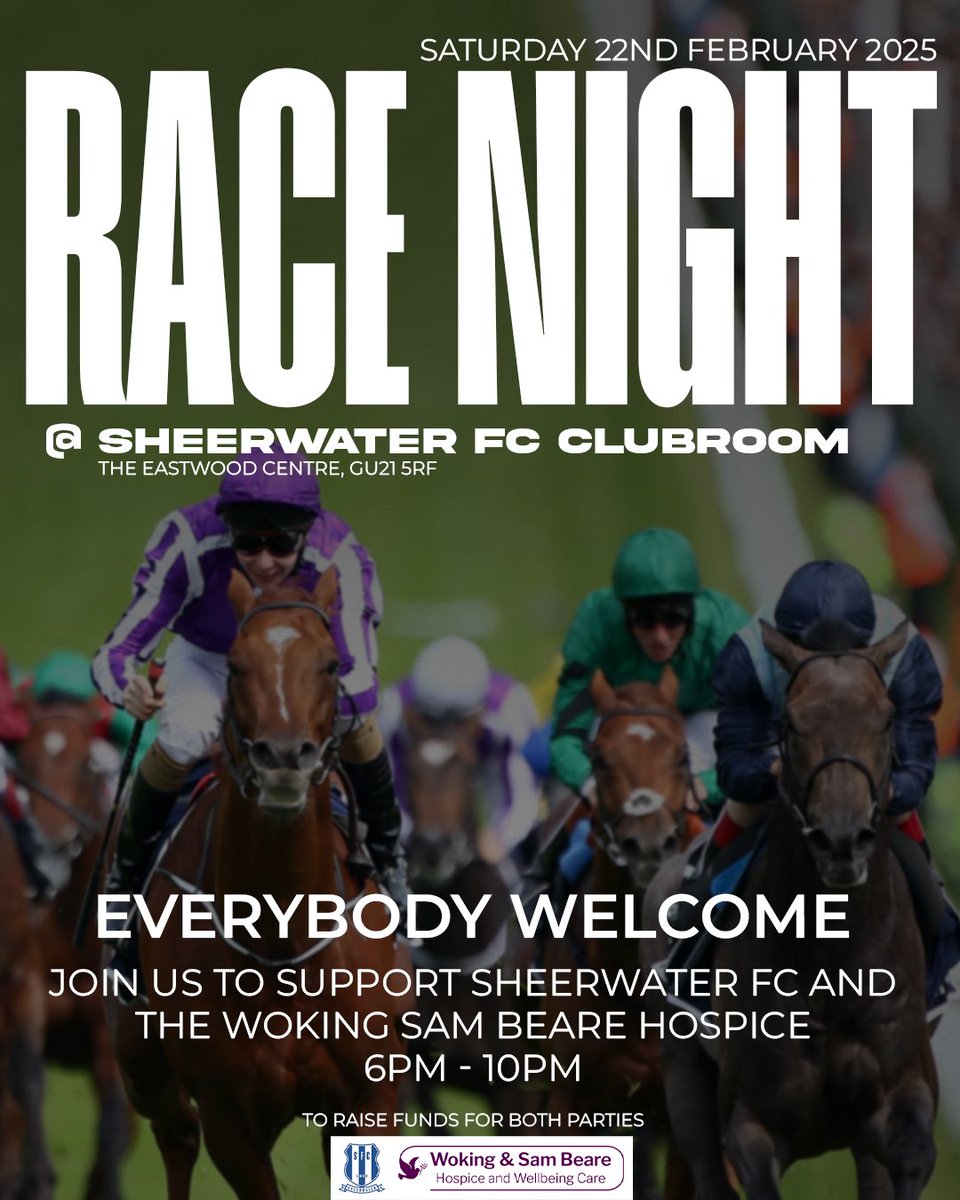 Sheerwaterfc's tweet photo. SAVE THE DATE 📆🐎

Our annual race night will be taking place on Saturday 22nd February in effort to raise funds for both the club and Woking & Sam Beare Hospice 🤝

The race night will begin at 6pm following our home match v Fleet Town. 

Hope to see as many as possible for a good knees up in support of the club! 🫡

Up The Sheers! #UTS 💙