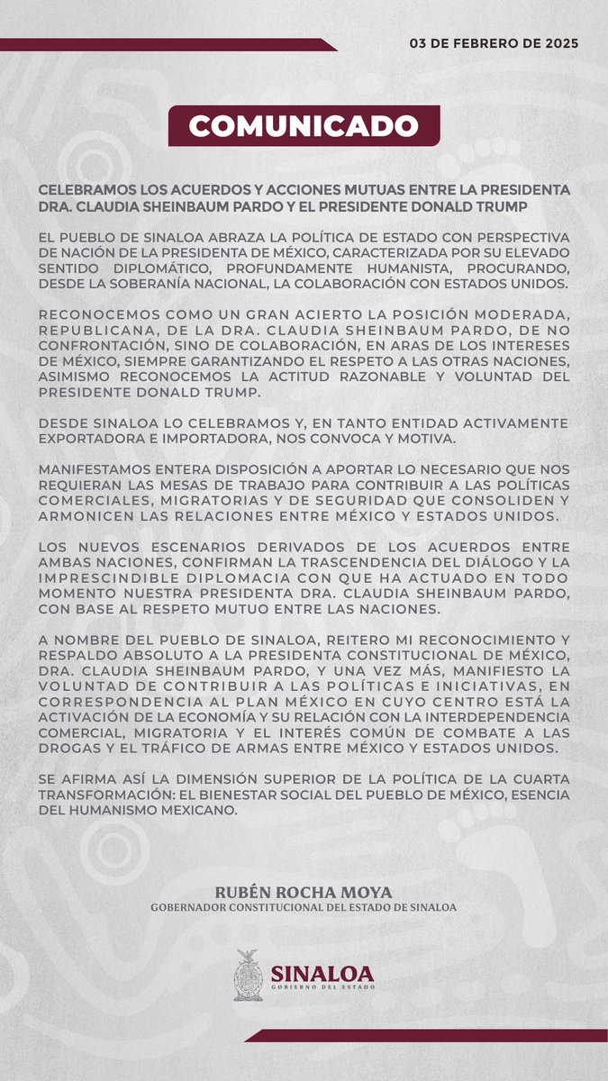Celebramos los acuerdos y acciones mutuas entre la Presidenta <a href="/Claudiashein/">Claudia Sheinbaum Pardo</a> y el Presidente <a href="/realDonaldTrump/">Donald J. Trump</a>.