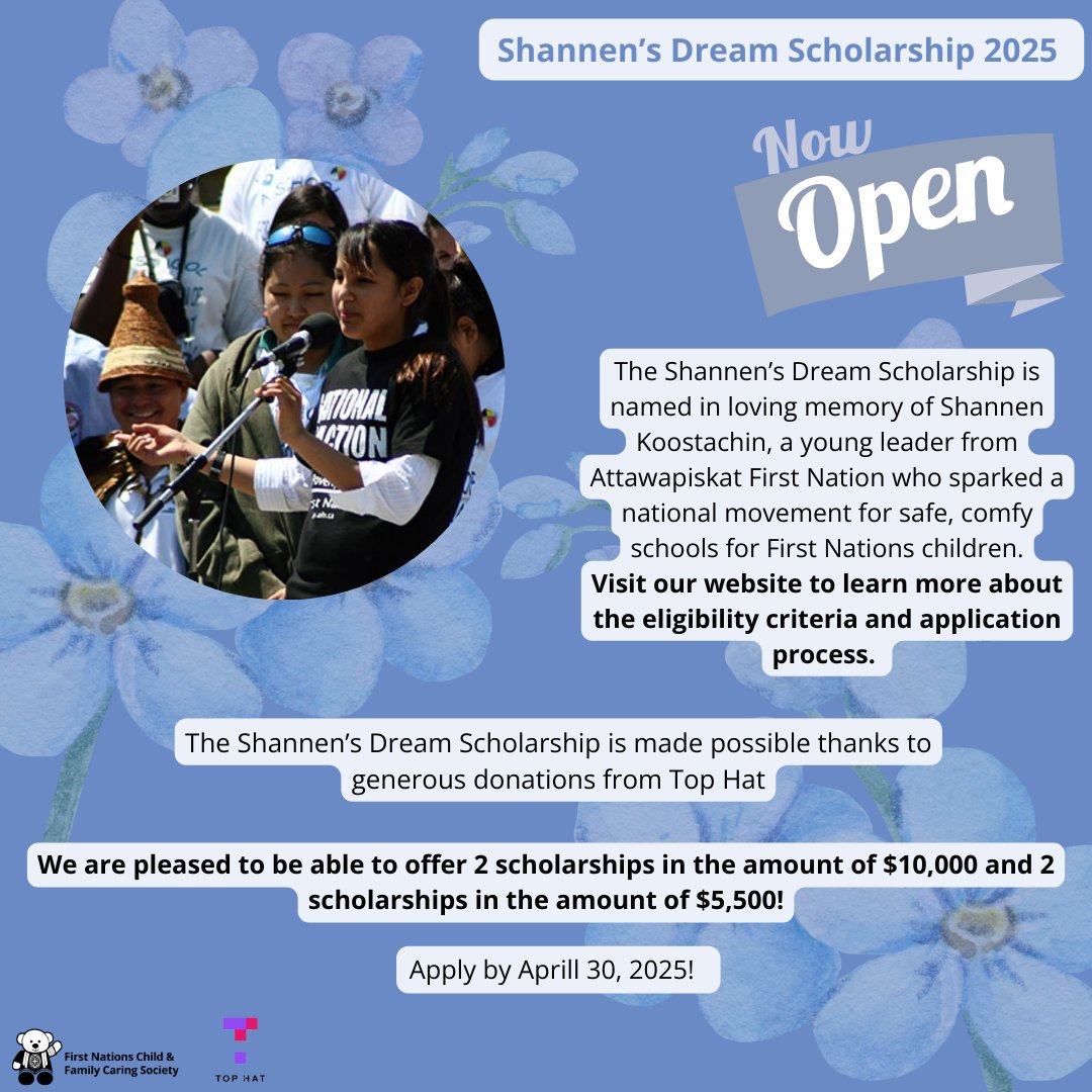 CaringSociety's tweet image. We are so thrilled! Applications for the 2025 Shannen&apos;s Dream Scholarship are now open. Special thanks to @TopHat for their ongoing generosity. 
🤍Learn more and apply here! 🩵 fncaringsociety.com/awards-scholar…