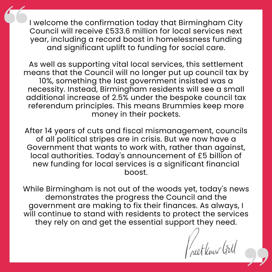 PreetKGillMP's tweet photo. Birmingham City Council will receive £533.6m for local services next year. 

My statement on the local government finance settlement 👇🏽 https://t.co/yLfTvbV9fA