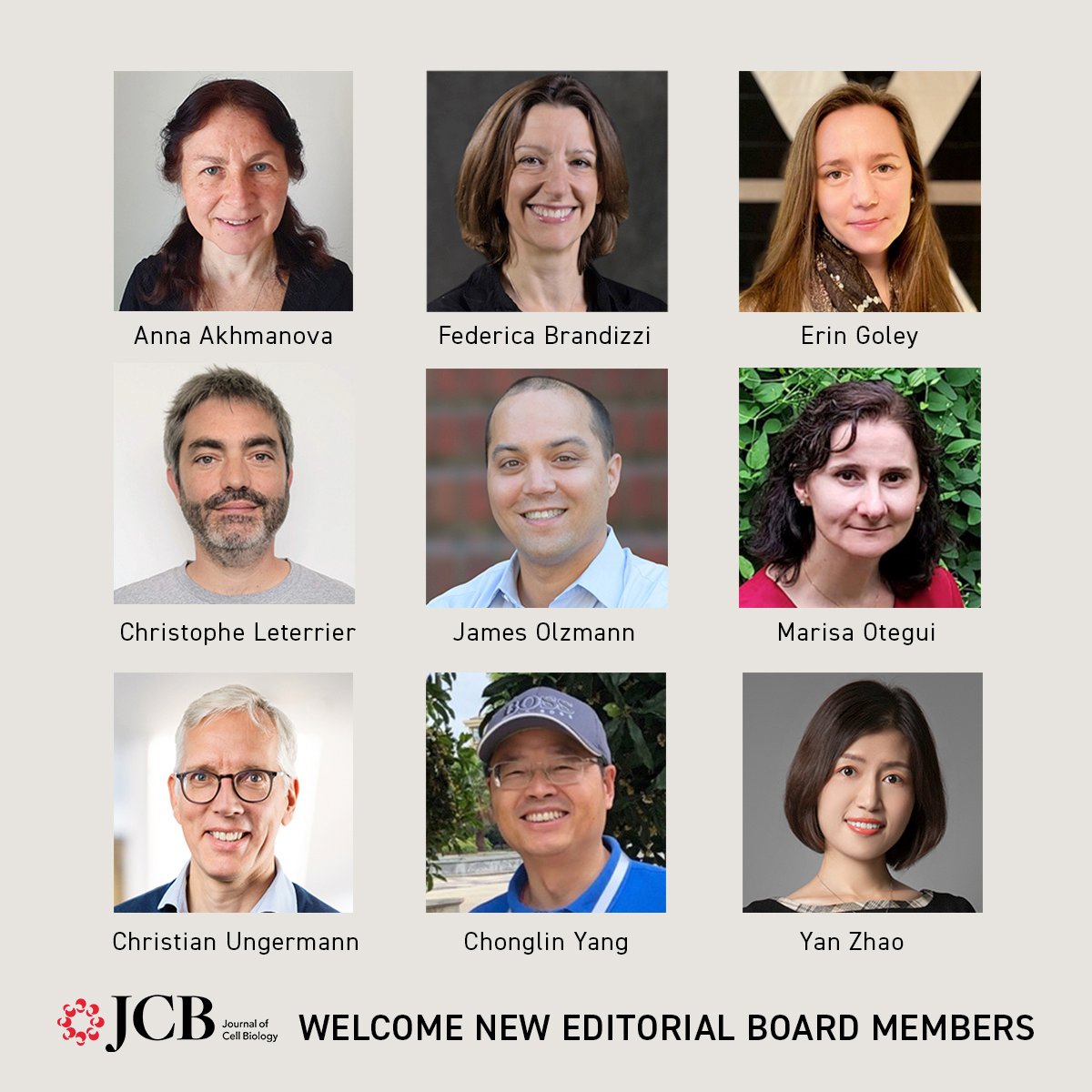 We are pleased to introduce the newest members of the JCB Editorial Board: Anna Akhmanova, Federica Brandizzi, Erin Goley, Christophe Leterrier, James Olzmann, Marisa Otegui, Christian Ungermann, Chonglin Yang, and Yan Zhao. hubs.la/Q0352TH00