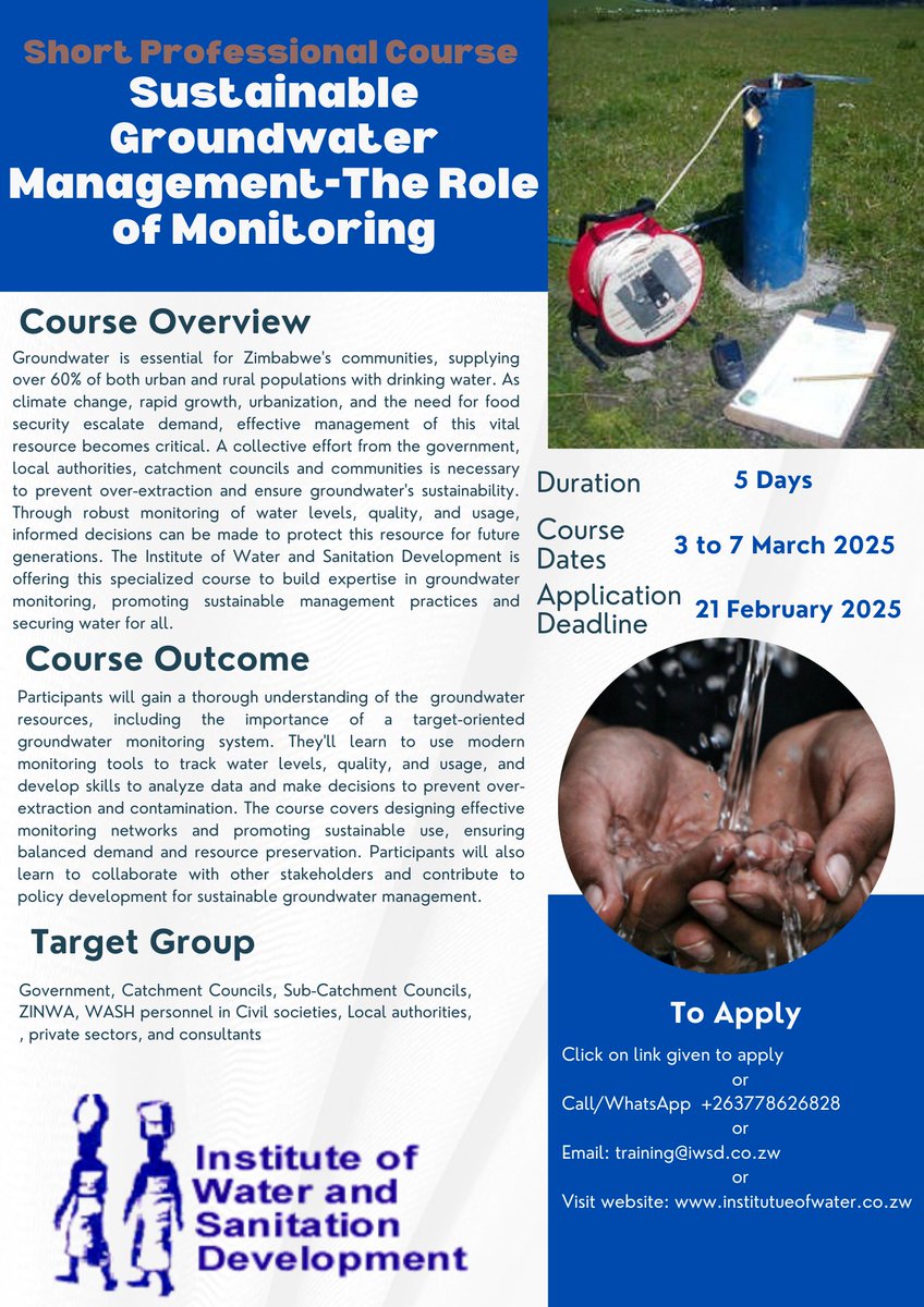Join us on this journey to become a groundwater monitoring expert and make a real impact! 🌱
click this link to apply lnkd.in/dPXFkbyy

#groundwatermonitoring
#watermanagement
#sustainability 
#EnvironmentalStewardship 
#waterquality 
#ProfessionalDevelopment