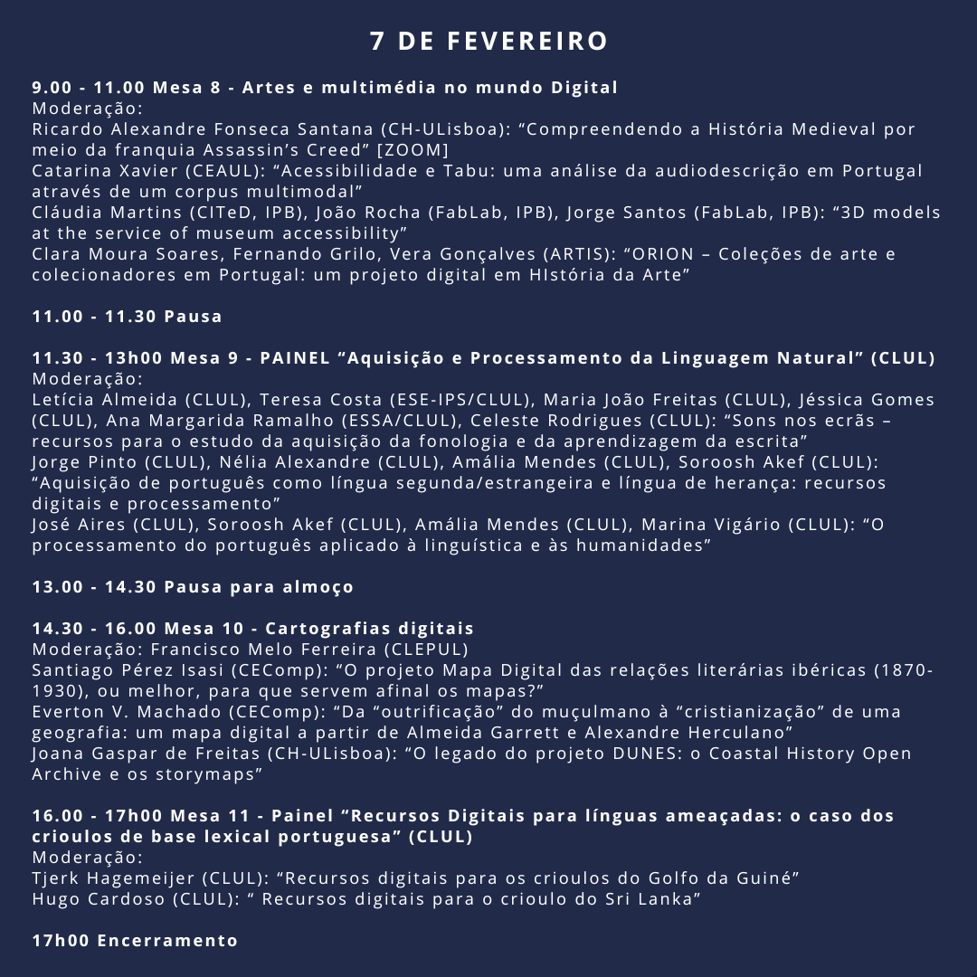 [I Jornadas] Humanidades Digitais na Faculdade de Letras da Universidade de Lisboa

📆 5 a 7 de Fevereiro de 2025
📍 FLUL (Sala B112.B) e online

Para mais informações ver: chul.letras.ulisboa.pt/eventos-detalh…