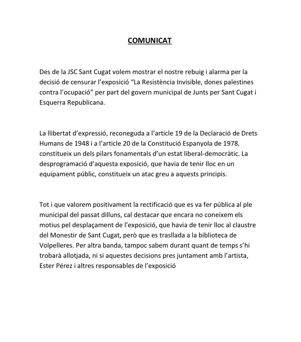 JSCVOcc's tweet photo. 👉🏻🗞️ Comunicat de la @JscCugat sobre la censura a l’exposició “La Resistència Invisible, dones palestines contra l’ocupació” per part del Govern Municipal de Junts i ERC. https://t.co/kvAMm3phTG