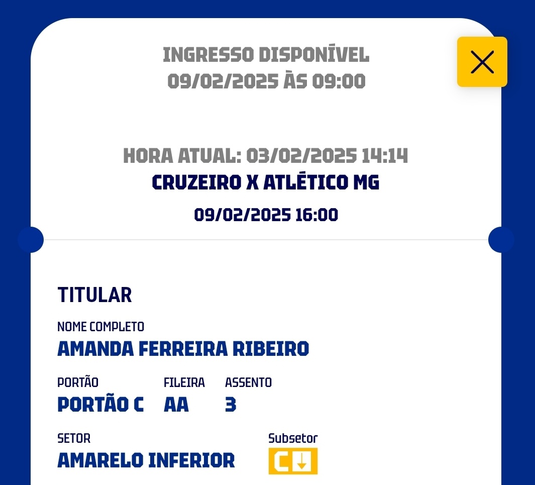 amandaf019's tweet photo. Vendo ingresso*

🎟 | *Cruzeiro x Alt MG*
🎫 | *E-ticket*
🟡| *AMARELO INFERIOR*
💰| *110,00$*

*Ingresso em meu nome*
Wpp: 33998379009

@bilheteriacec 
@Bilheteria5Star 
@bilheteriamdm https://t.co/P4BEAOMIc2