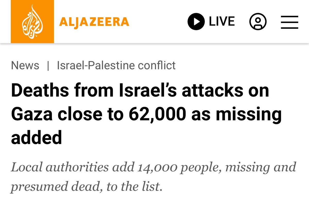 This story broke hours ago, but Western media is ignoring it for now. NYT, WaPo, CNN, BBC, AP, Reuters…none of them have reported that the Gaza death toll is now nearly 62,000 Palestinians.

Details of Israel’s genocide will continue to reveal itself, how much will they ignore?