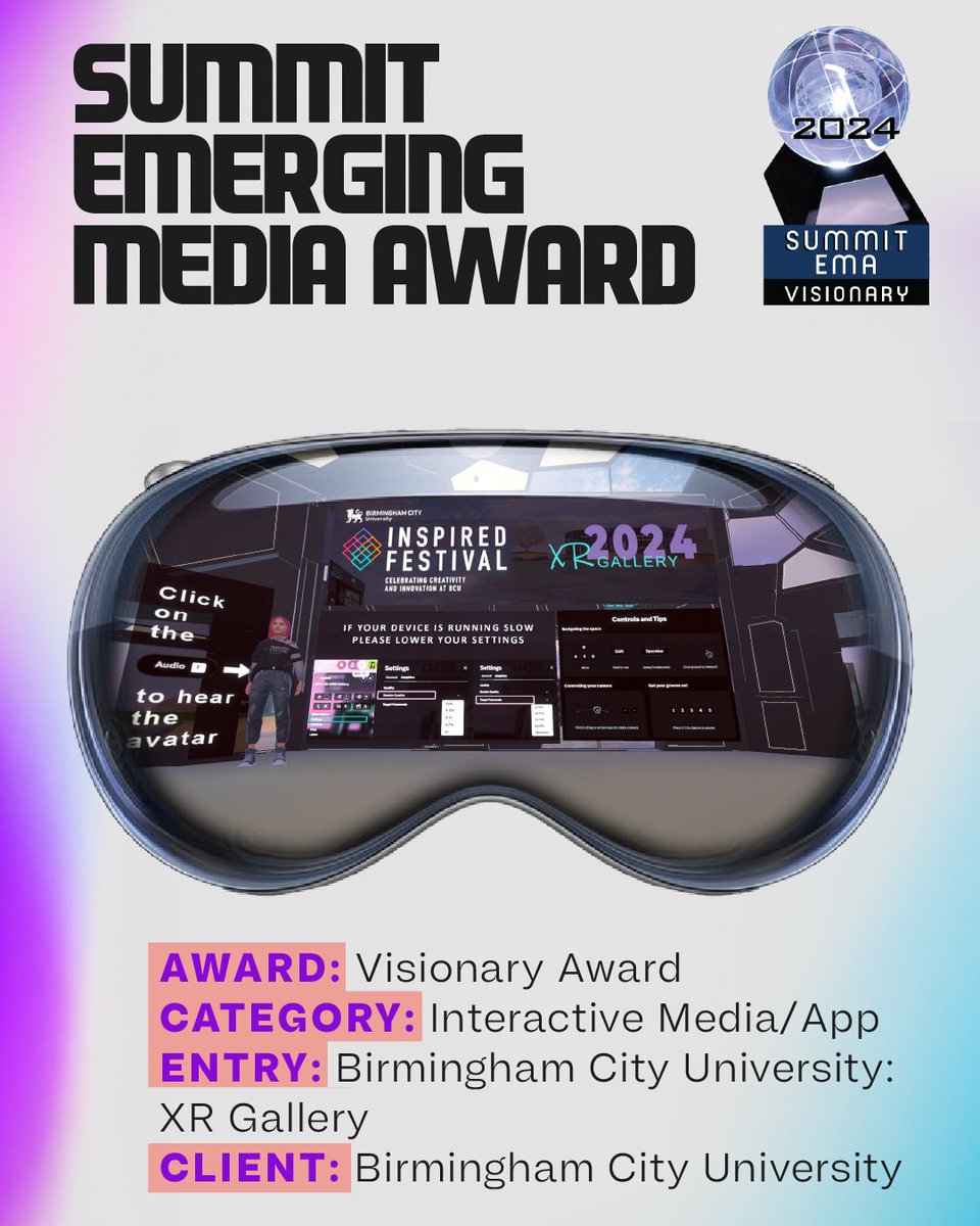 mpmteam's tweet photo. We’re excited to announce that MPMTeam has been recognized TWO prestigious awards at the #SummitEmergingMediaAward 2024!

🏆 Visionary Award – Interactive Media/App
“@MyBCU Birmingham City University: XR Gallery”

🏆 Innovator Award – B2B Website
“We Build Immersive Marketing" https://t.co/zKRAFp2Xg3