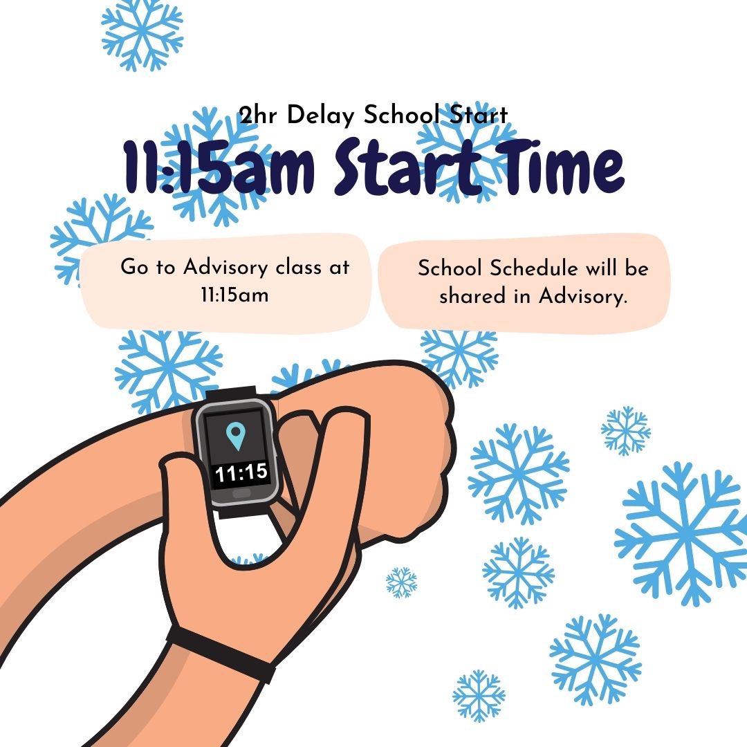 🚨2 hr Delay for 2/3 🚨

School will start at 11:15am today. Please go to advisory at that time. Advisors will share the day’s schedule in class.

Contact our office if you have any questions: (206) 631-5900