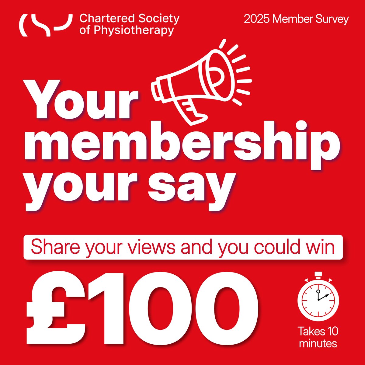 Time is running out! Take 10 minutes to complete our member survey and you could win a £100. 

To complete our member survey, please use the link in the email you would have received Monday 3 February. 

Please do not share the link as it is unique to you 
ow.ly/ISNL50UQn5r