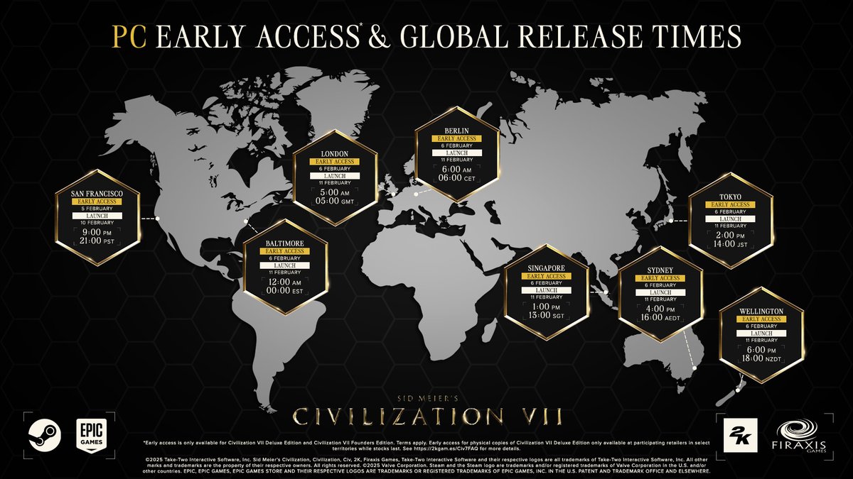 CivGame's tweet photo. Can't wait one more minute?

From Early Access to Launch, find your #Civ7 start time on our global release maps!

Note: Pre-loading is available now on Nintendo Switch, PlayStation, &amp; Xbox. https://t.co/l3anUt3iJR