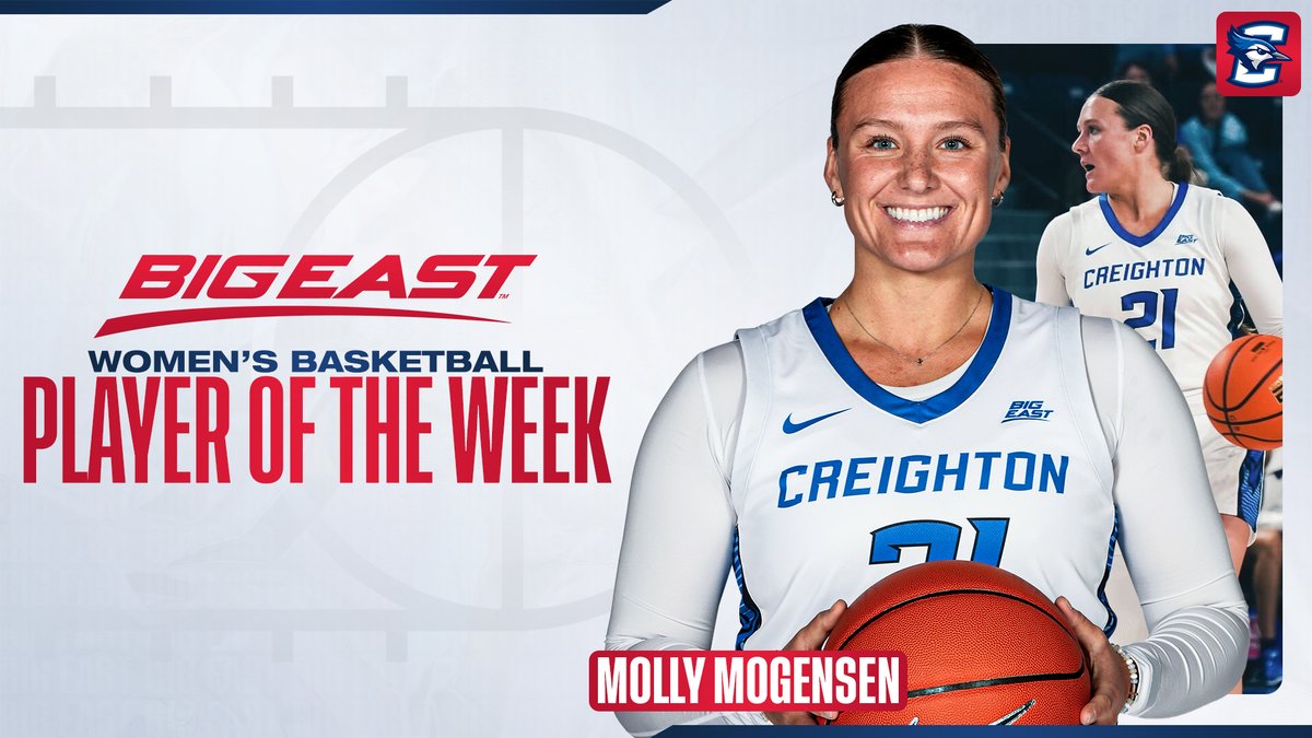 BIG EAST WBB (@bigeastwbb) on Twitter photo We aren't worthy 👑🫶
<a href="/Molly_Mogensen/">Molly Mogensen</a> averaged 19.5 PPG, 7.5 RPG, 6.0 APG shooting 72.7% from the field including 71.4% from behind the arc in a 2-0 week for <a href="/CreightonWBB/">Creighton Women’s Basketball</a>. We aren't worthy 👑🫶
<a href="/Molly_Mogensen/">Molly Mogensen</a> averaged 19.5 PPG, 7.5 RPG, 6.0 APG shooting 72.7% from the field including 71.4% from behind the arc in a 2-0 week for <a href="/CreightonWBB/">Creighton Women’s Basketball</a>.