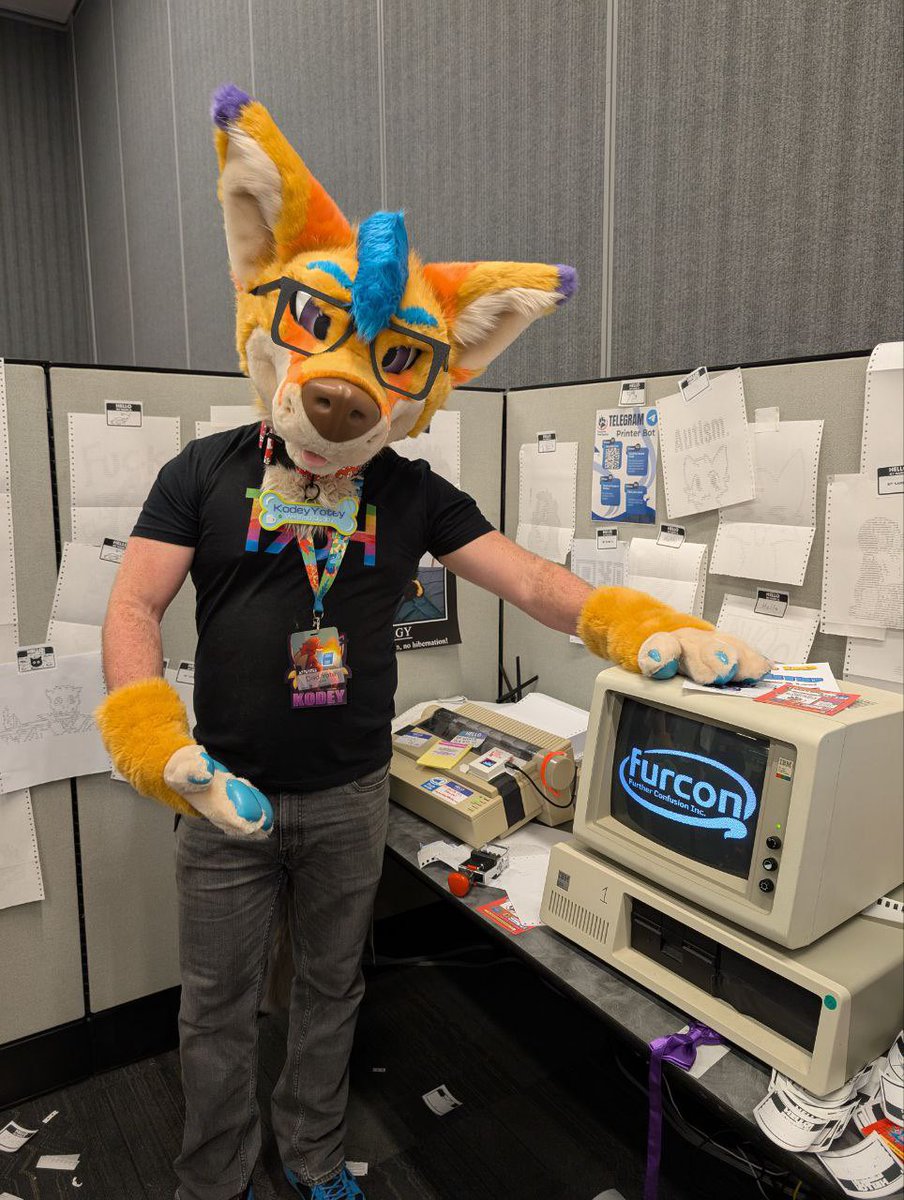 Kodey_Yotey's tweet photo. You can fit 80 whole characters per line on this bad boy! It’s amazing what we can do with modern technology now! 
💚💛🧡❤️💜💙🐺

🪡: @WaggeryCos 
📸: @Yeffsie https://t.co/fJl0iLHsC1