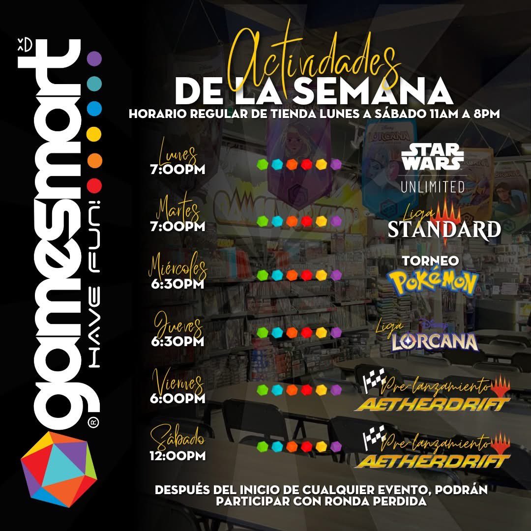 ¡Los esperamos con actividades tosa la semana! #HaveFun 

#MTG  #LorcanaTCG #StarWarsUnlimited #MTG #PokemonTCG #magicthegathering #tcgcommunity #SWU #disneylorcana #swutcg #mtgaetherdrift