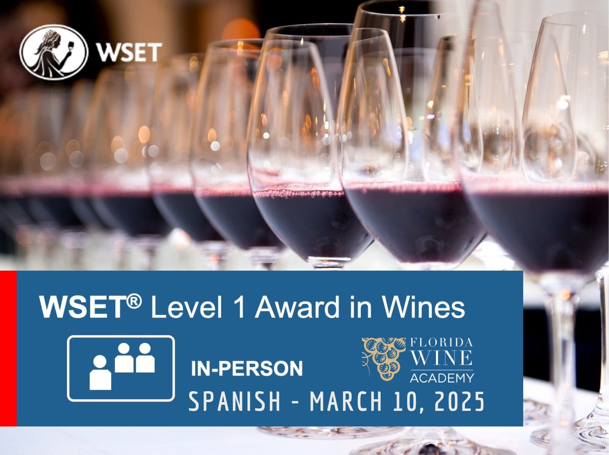 WSET Level 1 in Wines in Spanish is back! Join us on March 10, for an intensive course with limited spots available. 

WSET Nivel 1 en Vinos en español regresa! Únete a nosotros el 10 de marzo para un curso intensivo con cupos limitados. Regístrate ahora: floridawineacademy.com