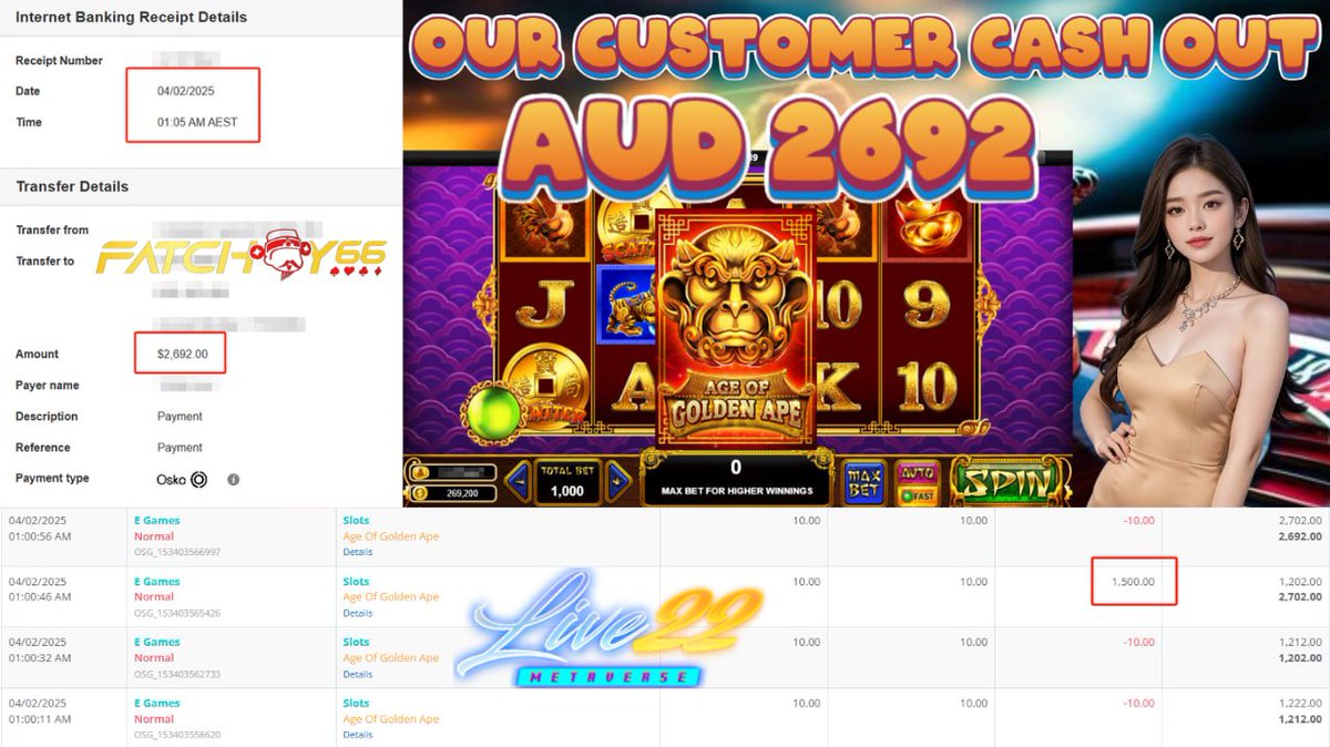 Fatchoy66_aus's tweet photo. 🔥Congratulation To Our Member  got BIG WIN 🔥

Product🎮 : Live22 
Games🎰 :Age of Golden Ape
Deposit💰: AUD 100.00
Withdraw💵 : AUD 2,692.00

📲 WhatsApp - https://t.co/otguSLus8h
📲 Telegram -  https://t.co/z9rYmDBUp3
🌐 Website - https://t.co/RdrMsVcGrB https://t.co/p86tHzdUV5