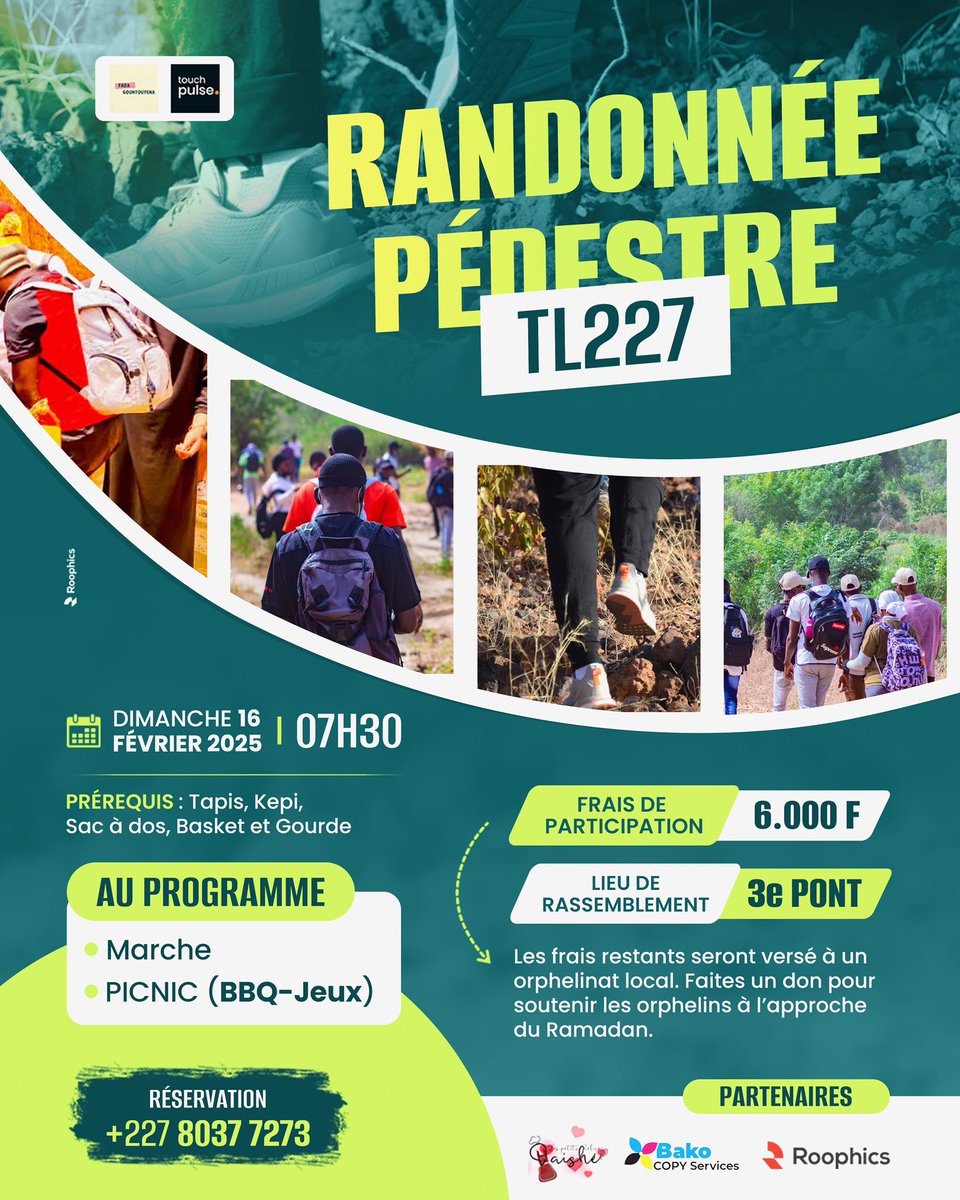 La #TL227 vous invite à sa 1ère Randonnée Pédestre ⚡️

☀️ Au programme : Marche, découverte et jeux (avec des surprises à gagner ☺️

🗓️ Dimanche 16 février 2025
⏰ RDV 7h30
📍 3e pont
Booking: 6000f

Préparez votre tapis, képi, sac à dos, gourde et baskets!

#TL227 #VisitNiger