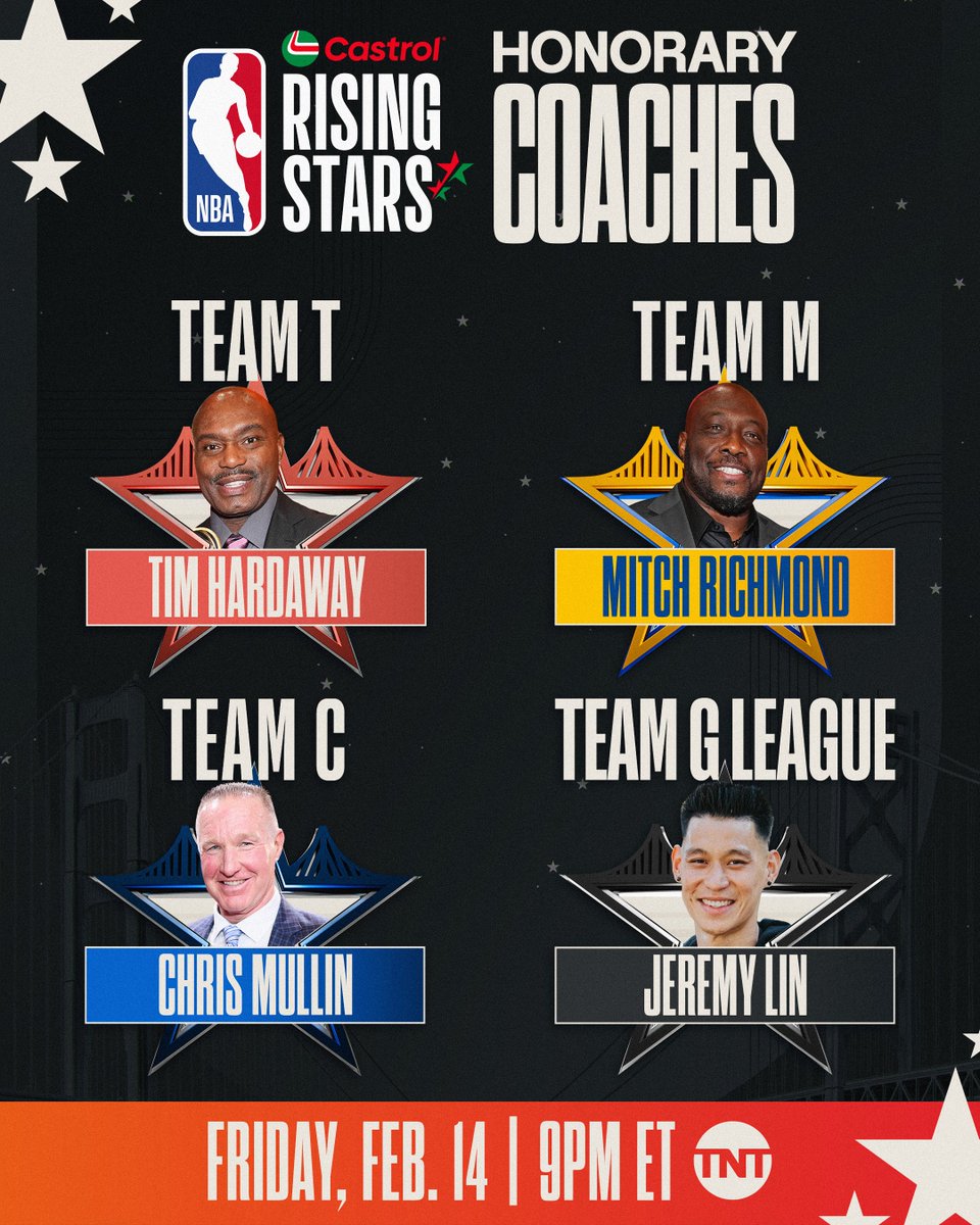 NBA's tweet image. Presenting the honorary head coaches for the 2025 #CastrolRisingStars!

NBA Rookies and Sophomores will be drafted onto three teams on Tuesday (2/4) at 4:00pm/et on the NBA App and @NBA, with NBA G League Players to comprise the fourth team.

The four seven-player teams will…
