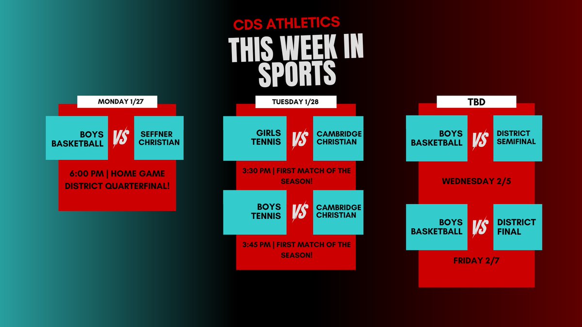 Another great week in sports. Boys basketball enters districts against Seffner Christian at 6 PM tonight. Home game!