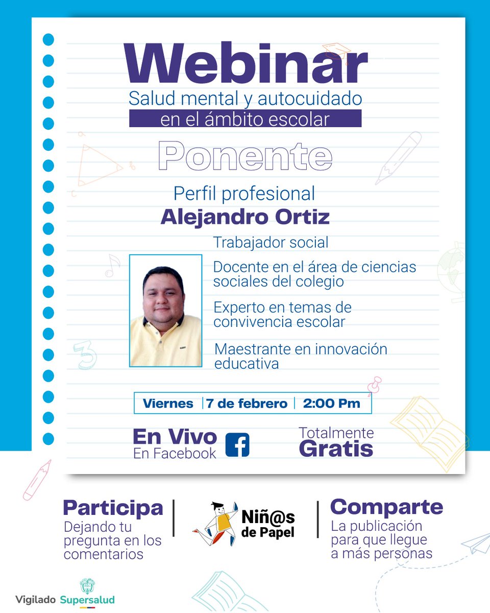 📢 ¡No te lo pierdas! 🎓💡

Únete a nuestro webinar gratuito sobre salud mental y autocuidado en el ámbito escolar. 📚🧠

👨‍🏫 Ponente: Alejandro Ortiz
🗓️ Fecha: Viernes, 7 de febrero
⏰ Hora: 2:00 p.m.
📍 En vivo por Facebook
facebook.com/share/1B9TxkB9…