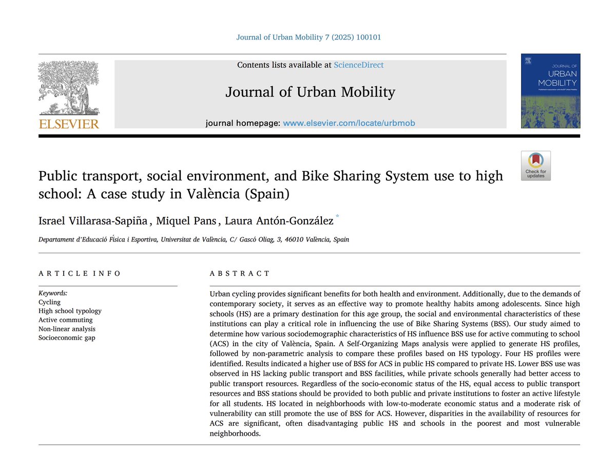 🗞️ "Transport públic, entorn social i ús del sistema del sistema de bicicletes compartir als instituts de secundaria: un cas d'estudi a València 🚲 "
<a href="/I_Villarrasa/">Israel Villarrasa-Sapiña</a> <a href="/_laura_anton/">Laura Antón</a> <a href="/UV_EG/">Universitat València</a> 

👇 Accés lliure a: 👇
doi.org/10.1016/j.urbm…

<a href="/CdCienciaUV/">UCC+i UV</a> <a href="/afes_uv/">AFES-UV</a>