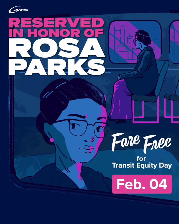 CATSRideTransit's tweet image. Join us tomorrow as we celebrate Transit Equity Day with fare-free services for all riders, honoring Rosa Parks' legacy on what would have been her 112th birthday.

Take a #freeride on CATS - Tuesday, Feb. 4. Details at bit.ly/4hlVasv. 💙 

#RideCATS #TransitEquityDay