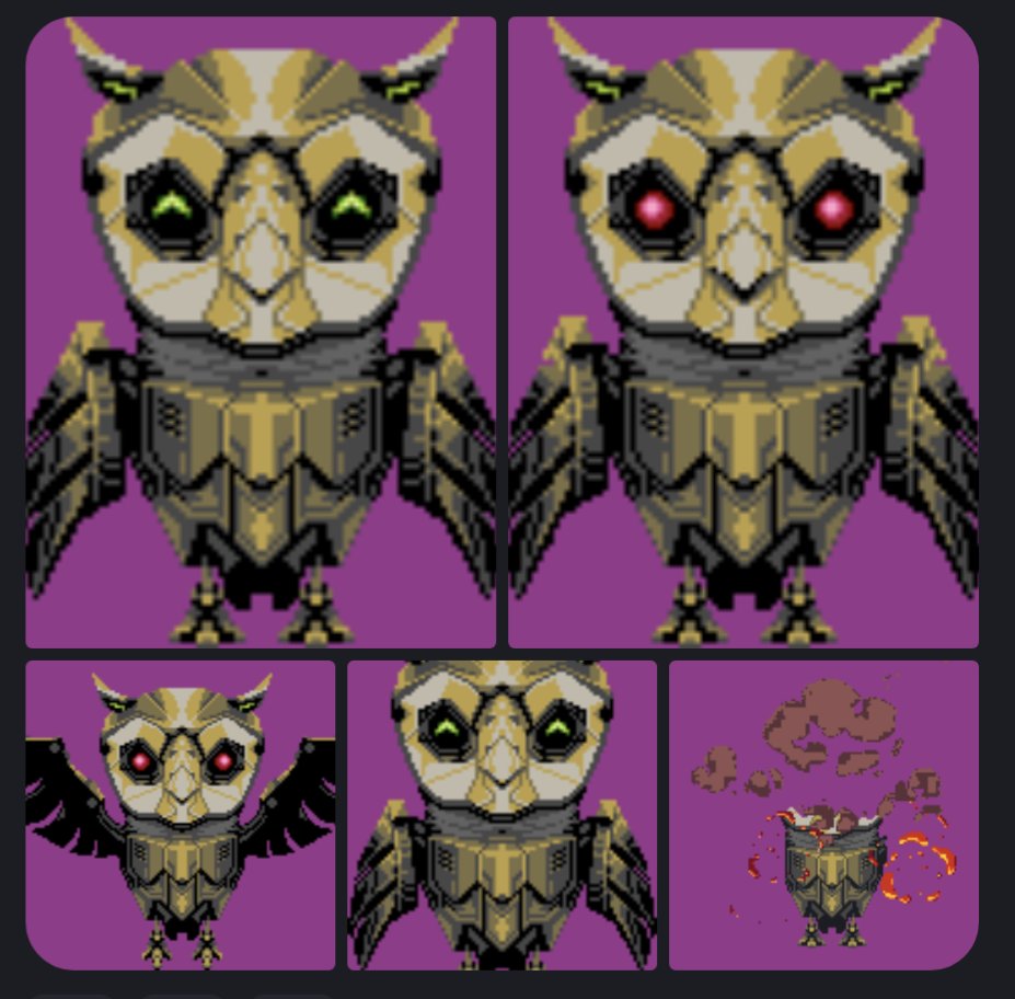 AdaluteGames's tweet image. Updated boss enemy. Evil momma owl. #cyberpunk @vsorinARTS #pixelart