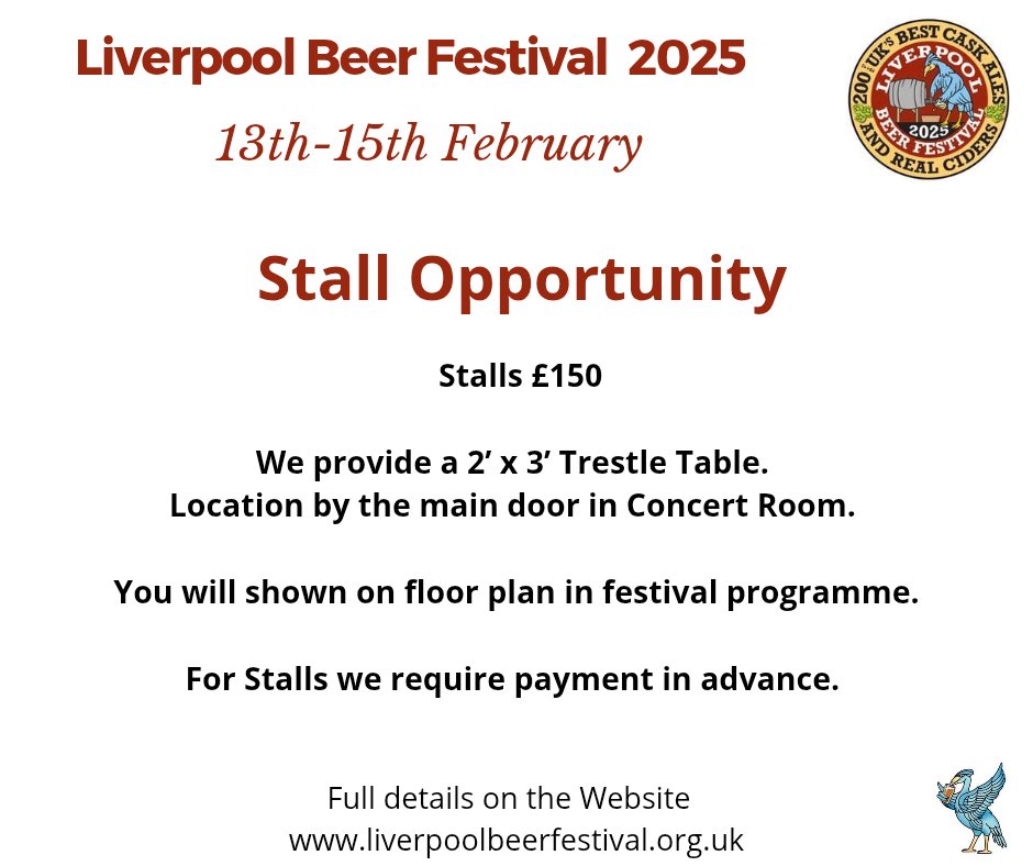 Liverpool Beer Fest (@lbfcamra) on Twitter photo Stall opportunity. Stalls ÂŁ150
We provide a 2’ x 3’ Trestle Table.
Location by the main door in Concert Room.
You will shown on floor plan in festival programme.
If you are interested please email
sponsorship@liverpoolbeerfestival.org.uk Stall opportunity. Stalls ÂŁ150
We provide a 2’ x 3’ Trestle Table.
Location by the main door in Concert Room.
You will shown on floor plan in festival programme.
If you are interested please email
sponsorship@liverpoolbeerfestival.org.uk