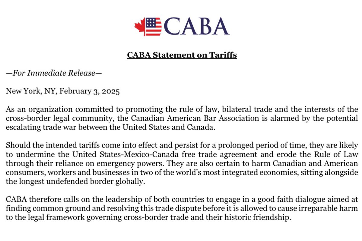 CABA’s official statement on the imposition of tariffs.