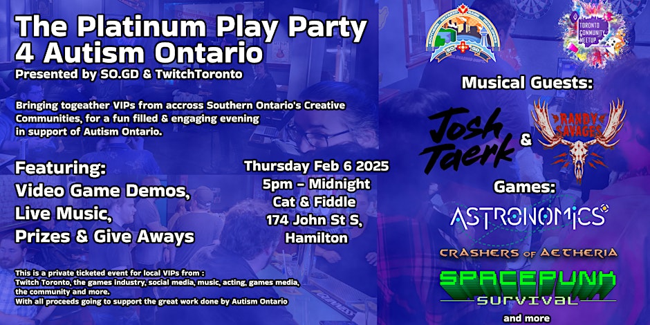 Join us on Feb 6th

The Platinum Play Party 4 Autism Ontario

Come on down to try out games from these awesome developers and help us Support Autism Ontario.

More information: meetups.twitch.tv/events/details…

Join the stream: twitch.tv/TwitchToronto