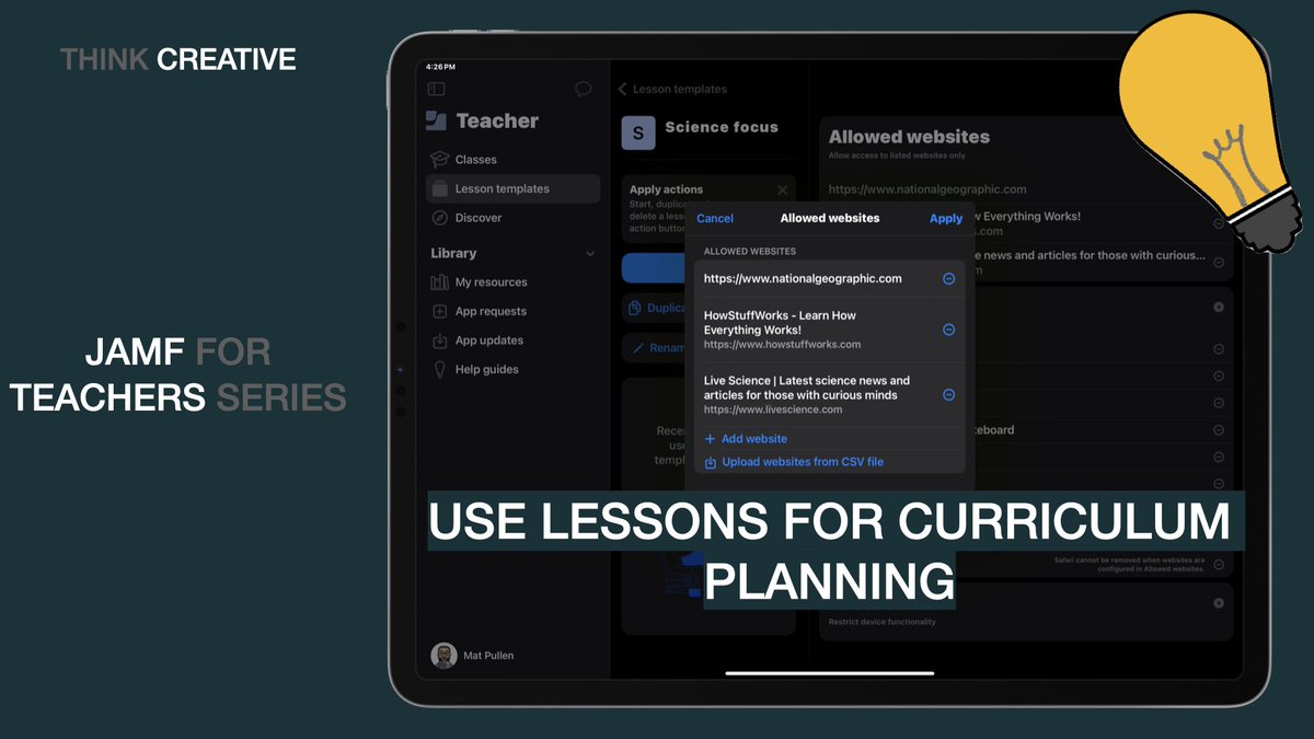 Using Jamf Teacher lessons for curriculum planning 

🎥youtu.be/JUsYm19oKb0?si… 

<a href="/AppleEDU/">Apple Education</a> <a href="/JamfSoftware/">Jamf</a> #JamfEd #Edtech