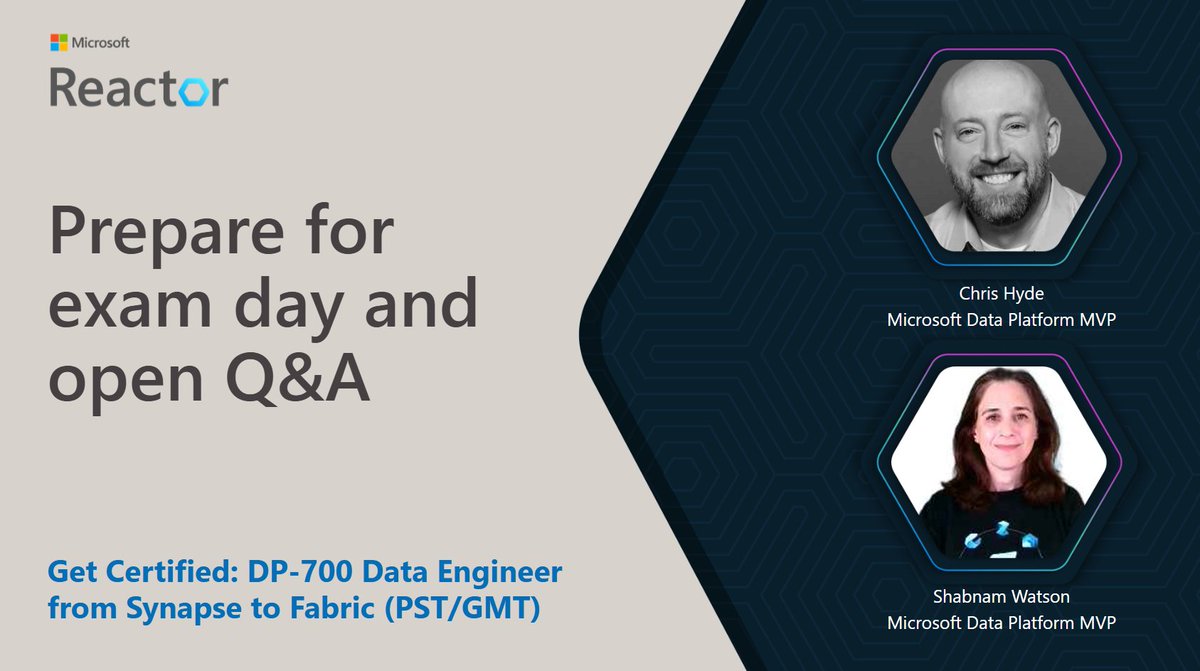 Shabnam Watson @#MSIgnite (@shbwatson) on Twitter photo Join <a href="/ChrisHyde325/">Chris Hyde</a> , me, and 3 other Data Platform MVPs (<a href="/pkamasani/">Prathyusha Kamasani (Prathy K)</a> , <a href="/dbanuggets/">Deepthi Goguri</a>, <a href="/kevarnold/">Kevin Arnold</a>) on Feb 5th at 12pm PST to learn how to ace your #DP700 exam prep and set yourself up for success! 🚀 #MicrosoftFabric #DataEngineer
learn.microsoft.com/en-us/shows/le… Join <a href="/ChrisHyde325/">Chris Hyde</a> , me, and 3 other Data Platform MVPs (<a href="/pkamasani/">Prathyusha Kamasani (Prathy K)</a> , <a href="/dbanuggets/">Deepthi Goguri</a>, <a href="/kevarnold/">Kevin Arnold</a>) on Feb 5th at 12pm PST to learn how to ace your #DP700 exam prep and set yourself up for success! 🚀 #MicrosoftFabric #DataEngineer
learn.microsoft.com/en-us/shows/le…