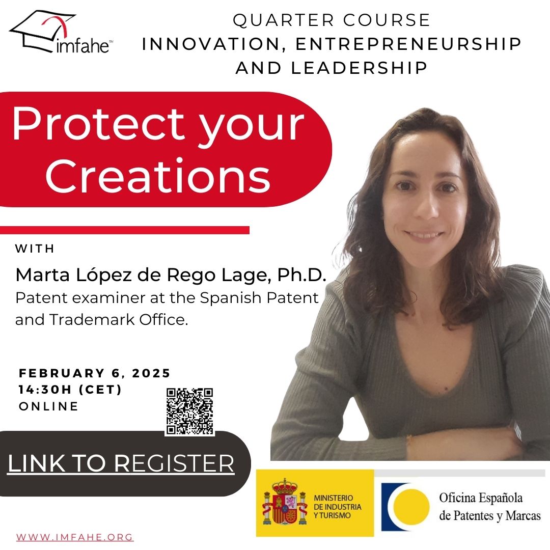 🚀 Protect Your Creations! Join IMFAHE on Feb 6, 2:30 PM (CET) for expert insights on patents &amp; IP with Dr. Marta López de Rego Lage. Register now! ⬇️ 

us02web.zoom.us/webinar/regist…

#IMFAHE #Innovation #Patents