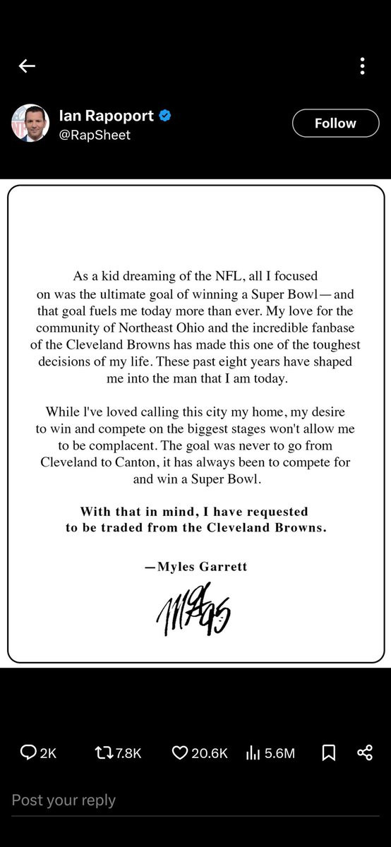 Imagine being such a shit organization when you have great key players, and you won't help build around them. As a Browns fan since 91', through the thick and thin, if you don't fight for <a href="/Flash_Garrett/">Myles Garrett</a>. you lost another fan.
I don't blame him for wanting to go somewhere else.