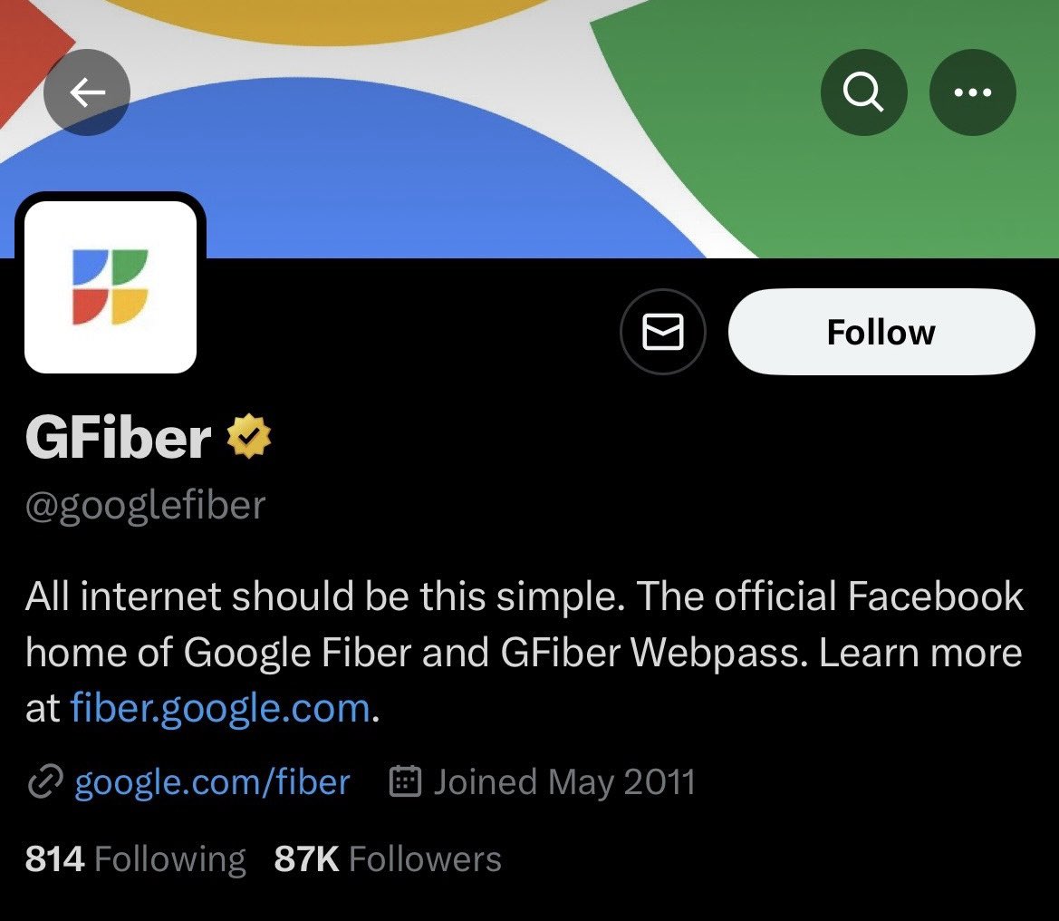 Did the <a href="/googlefiber/">GFiber</a> intern really forget to update “Facebook” to “X” in the bio 😂
