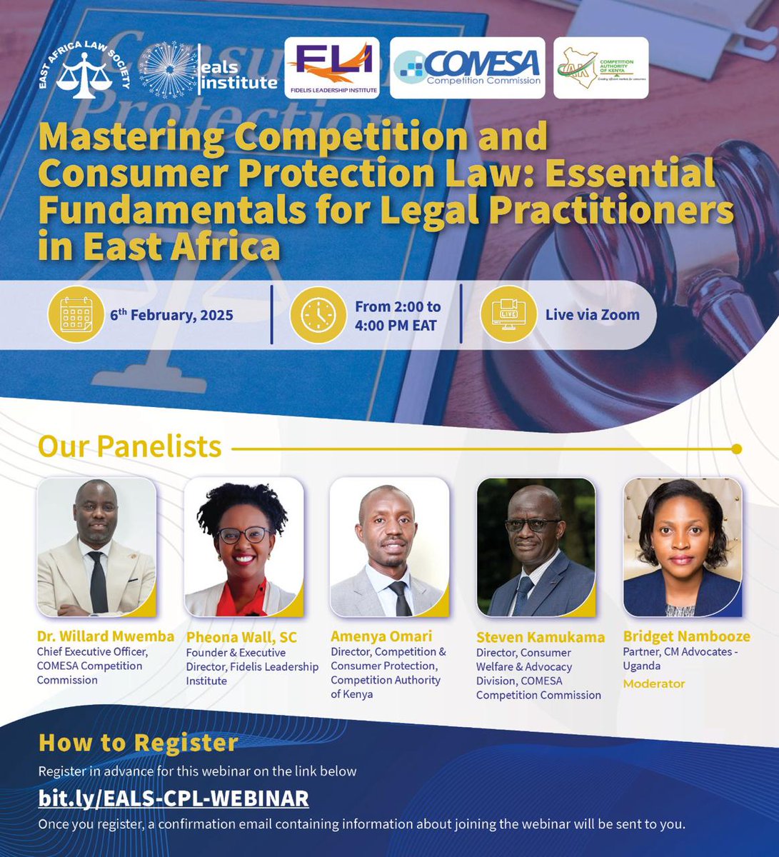 #CCC, in partnership with the <a href="/ealawsociety/">East Africa Law Society(EALS)</a> , <a href="/CAK_Kenya/">Competition Authority of Kenya</a> , &amp; <a href="/FidelisLeaders/">Fidelis Leadership Institute</a> , presents the first #competition and #consumerprotection webinar for East African lawyers.
📅 Save the Date:
🗓️ This Thursday, 6 February 2025
🕑 14:00 Hours (GMT +3)/Malawi Time, 13:00 Hours (GMT +2)
