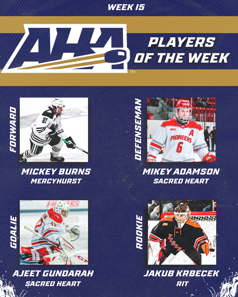 Atlantic_Hockey's tweet image. Congratulations to our AHA Men's Players of the Week! 🏆

Forward: Mickey Burns, @HurstMensHockey 
Defenseman: Mikey Adamson, @SHUHockey 
Goaltender: Ajeet Gundarah, @SHUHockey 
Rookie: Jakub Krbecek, @RITMHKY 

📰: tinyurl.com/msvt3894