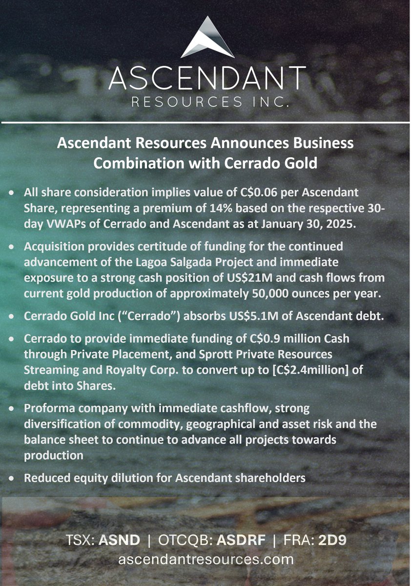 AscendantRes's tweet photo. Ascendant Resources Announces Business Combination with Cerrado Gold. Please see the full news release at: https://t.co/OZ6lSMjAb8 $ASND https://t.co/H2gMlncBLs