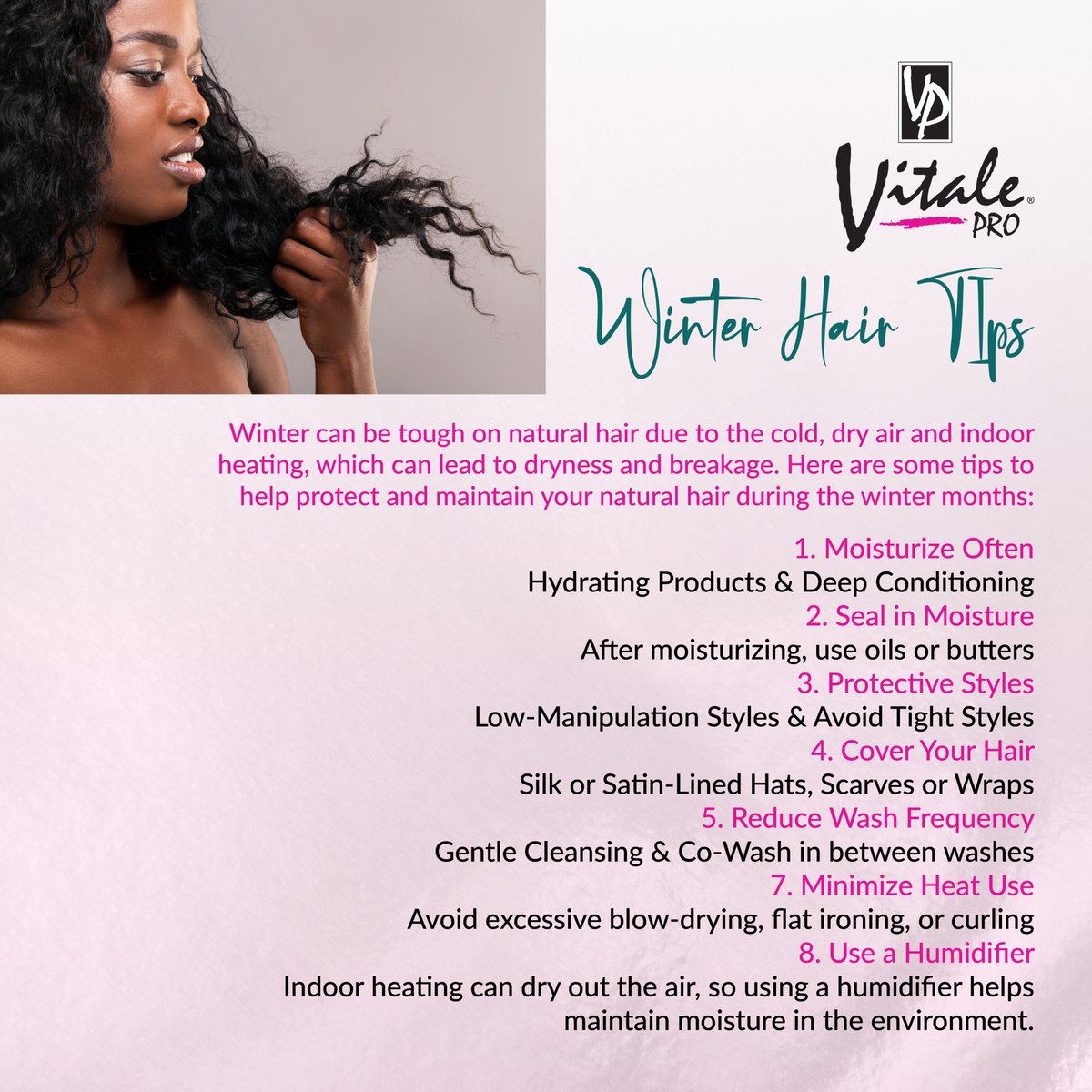 vitale_pro's tweet photo. This weather is cold and dry, providing no moisture for my hair. Here are some tips to help with that!

#VitalePro #VitaleProfessional #KinksCoilsCurls #ProfessionalHairCare #SalonProfessional #ItTakesAPro #BehindTheChair #ILuvAPro #HairStylist #ProfessionalStylist https://t.co/f3Kk1mwBRu
