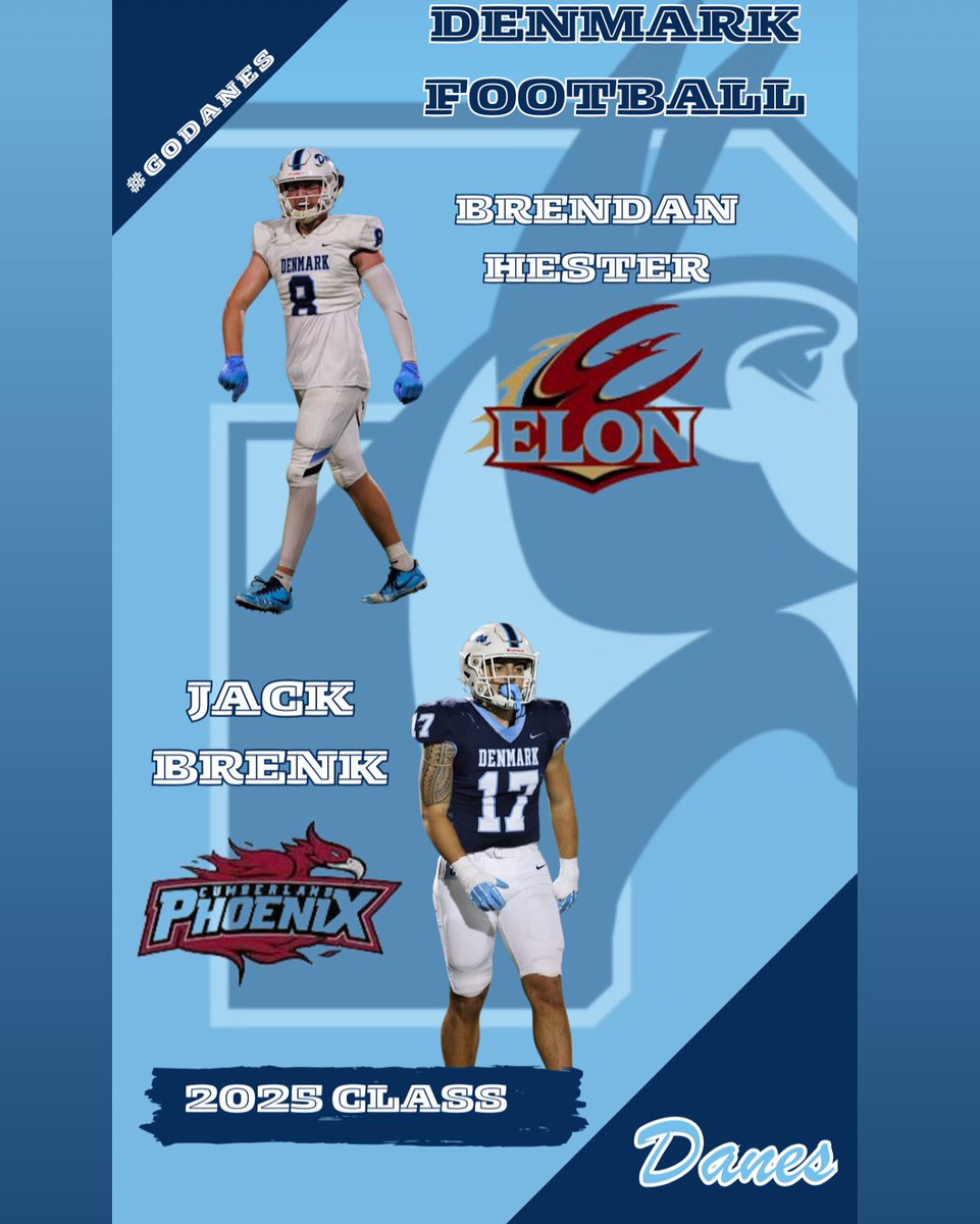 Denmark Football (@denmarkdanesfb) on Twitter photo Letโs just say itโs the year of the phoenix for our guys! <a href="/jackbrenk/">Jack Brenk</a> <a href="/brendanhester87/">Brendan Hester</a> signing day this Wednesday in DHS cafeteria 4pm
#GoDanes๐ถ
<a href="/ElonFootball/">Elon Football</a> <a href="/CumberlandFB/">Cumberland University Football</a> <a href="/ForsythSports/">FCN Sports</a> Letโs just say itโs the year of the phoenix for our guys! <a href="/jackbrenk/">Jack Brenk</a> <a href="/brendanhester87/">Brendan Hester</a> signing day this Wednesday in DHS cafeteria 4pm
#GoDanes๐ถ
<a href="/ElonFootball/">Elon Football</a> <a href="/CumberlandFB/">Cumberland University Football</a> <a href="/ForsythSports/">FCN Sports</a>