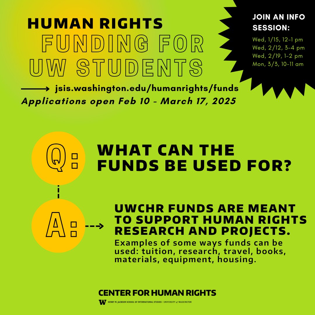 University of Washington Center for Human Rights (@uwchr) on Twitter photo A common question for UWCHR student #funding: How can the funds be used?
Funding can be used in many ways including: tuition, research, travel, books, materials, equipment, housing, and more.
Application period opens next week!
Learn more: jsis.washington.edu/humanrights/fu… A common question for UWCHR student #funding: How can the funds be used?
Funding can be used in many ways including: tuition, research, travel, books, materials, equipment, housing, and more.
Application period opens next week!
Learn more: jsis.washington.edu/humanrights/fu…