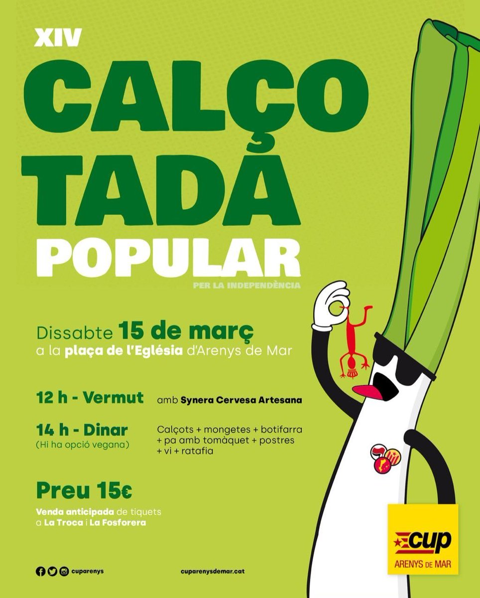 🔥Guarda't la data, el 15 de març arriba la 14a Calçotada Popular per la Independència!🔥

📍Un punt de trobada amb producte local i de la nostra terra✊🏼

👉🏽 El menú inclou calçots, botifarra i pa amb tomaquet, mongetes, vi, postres i ratafia!
També hi ha opció vegana.